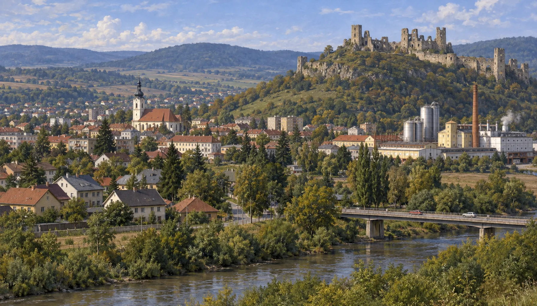 A commuter town with a very large ruin