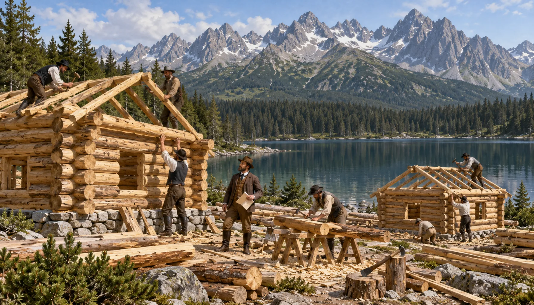 Štrbské Pleso: two log cabins by a glacial lake
