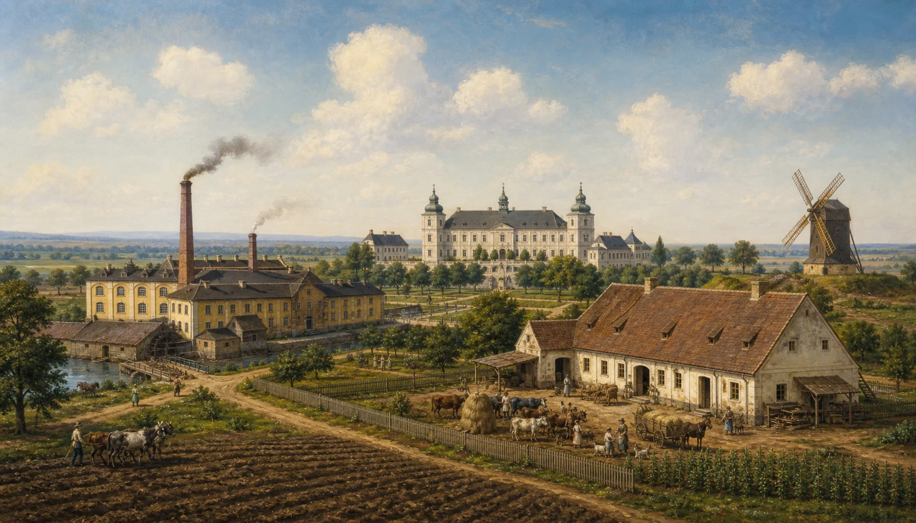 A factory, a model farm and a windmill