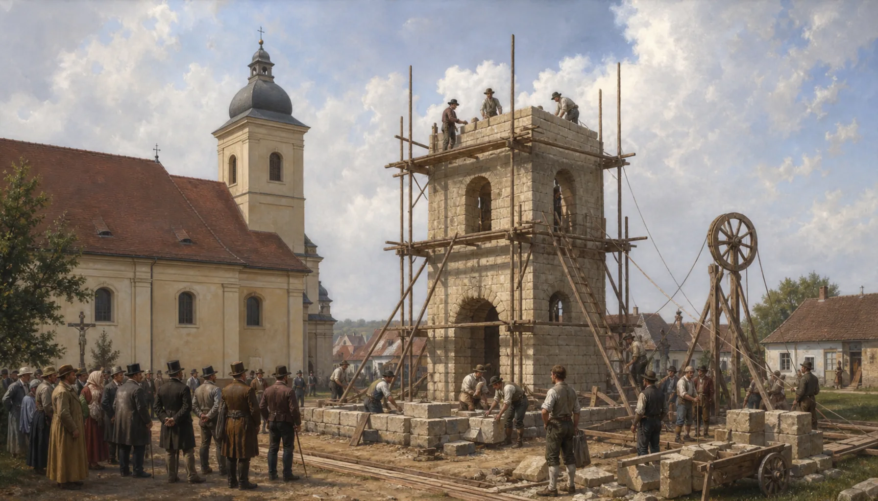 A bell tower goes up