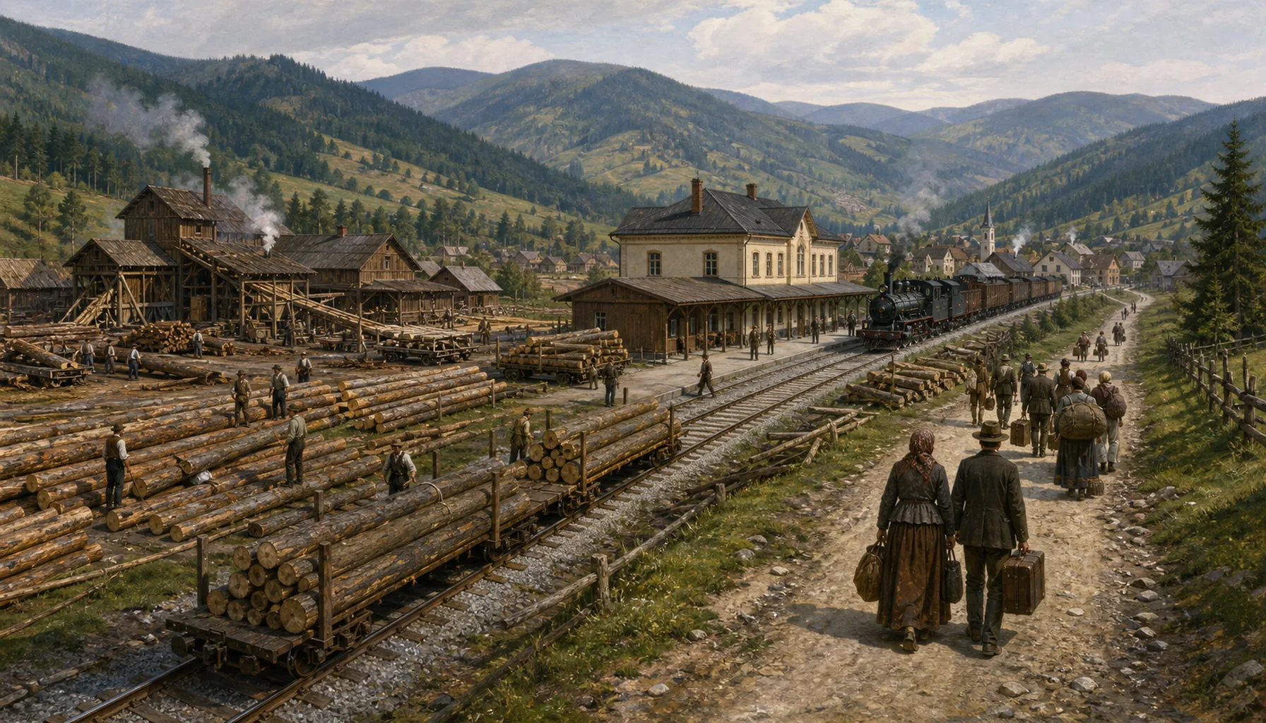 A station, a sawmill, and a road to America
