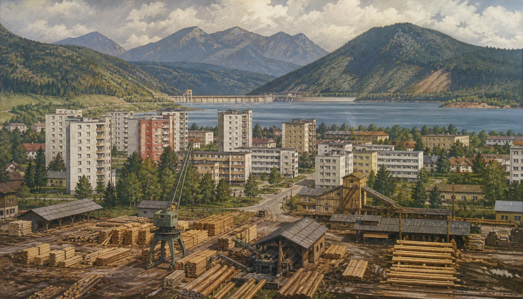 Panel blocks, timber and a mountain full of water