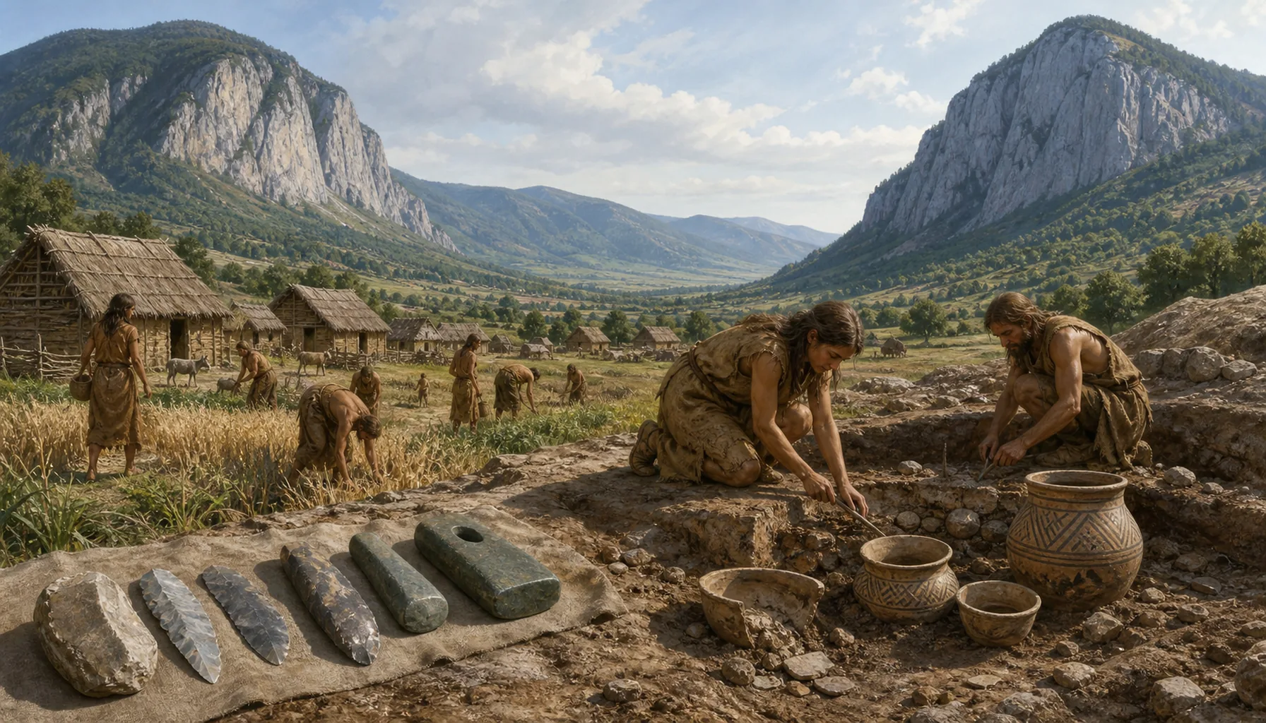 Farmers under two mountain walls