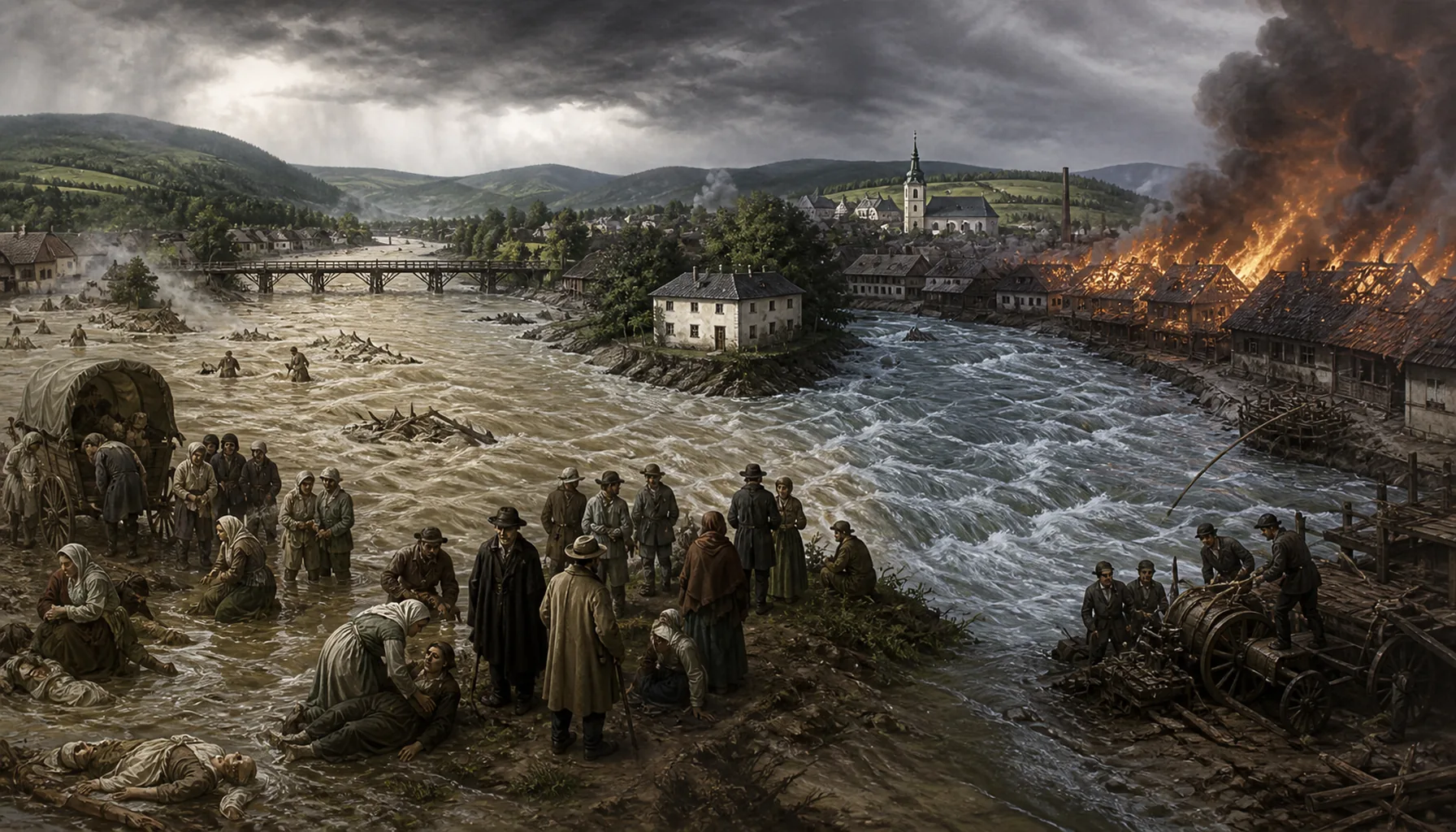 Flood, cholera, fire