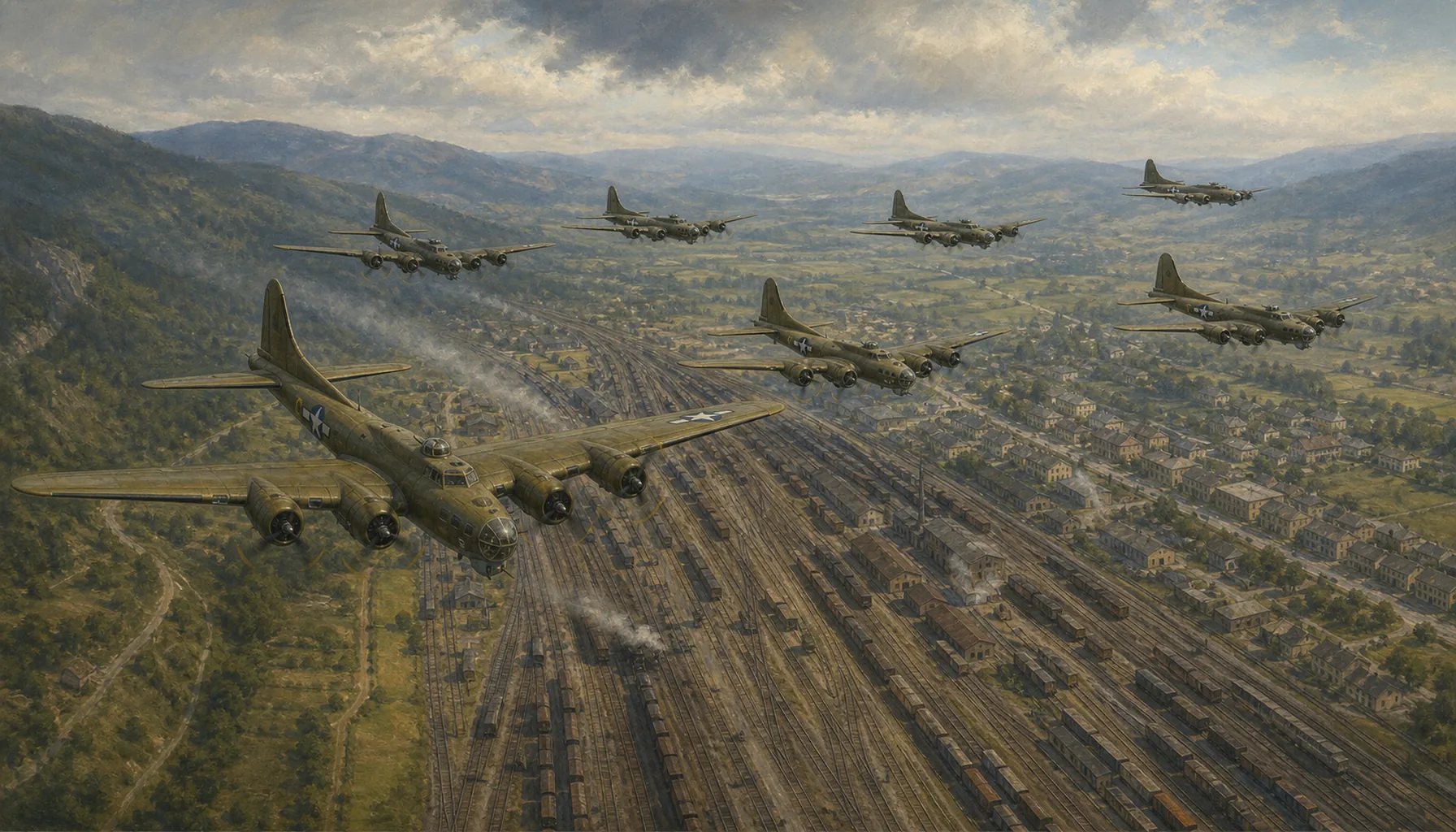 Seven Flying Fortresses over the marshalling yard