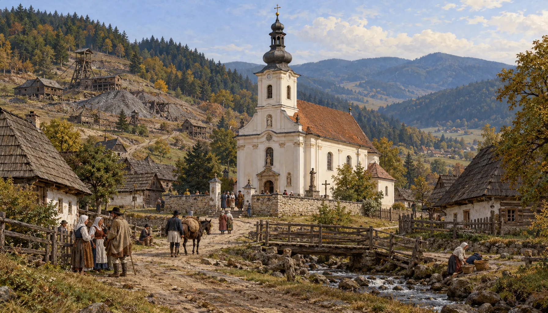 The church is rebuilt Baroque; the mining towns start to fail