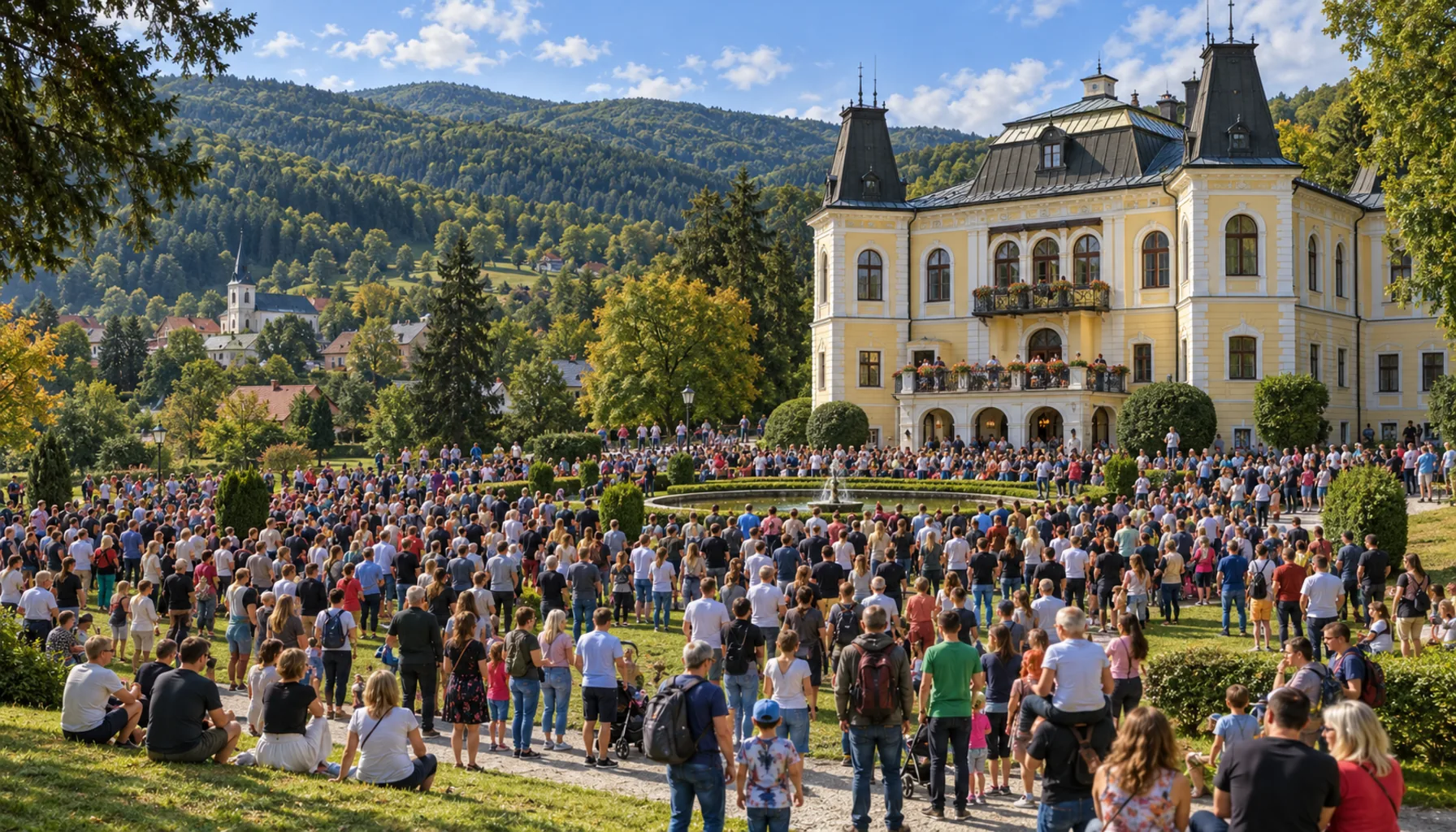Nine hundred people beside a great house