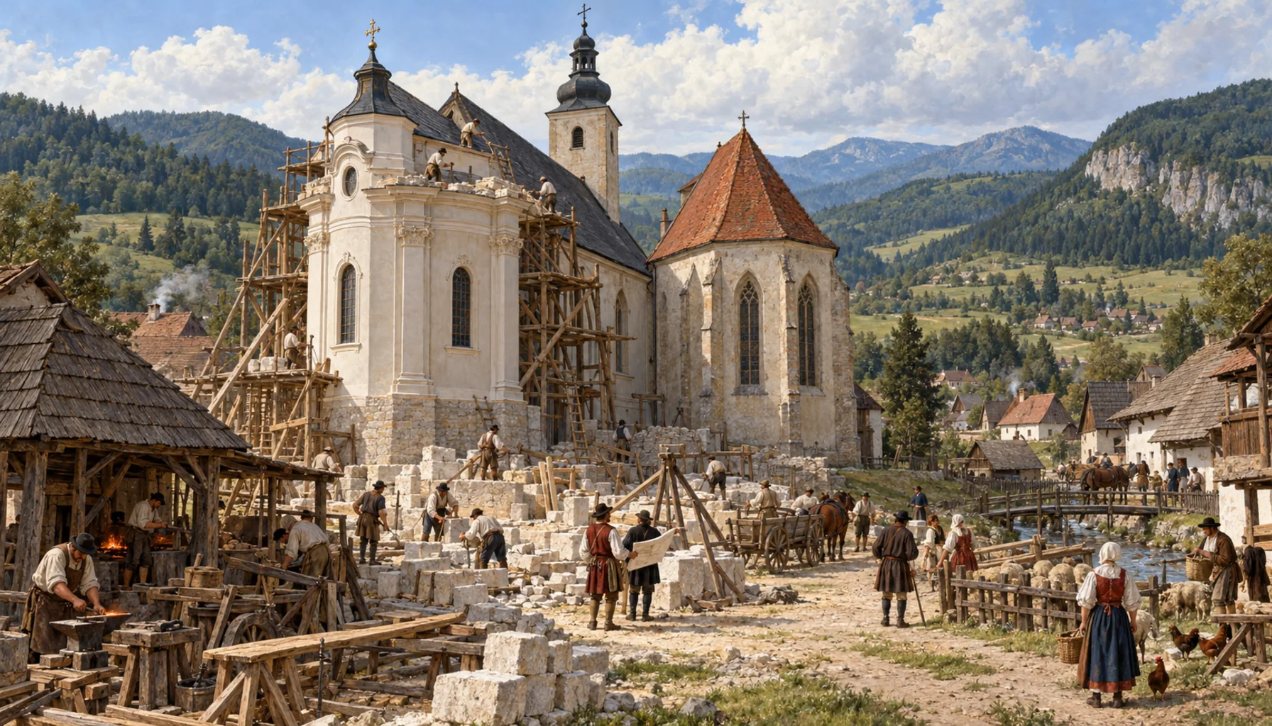 A Baroque church and a village of trades