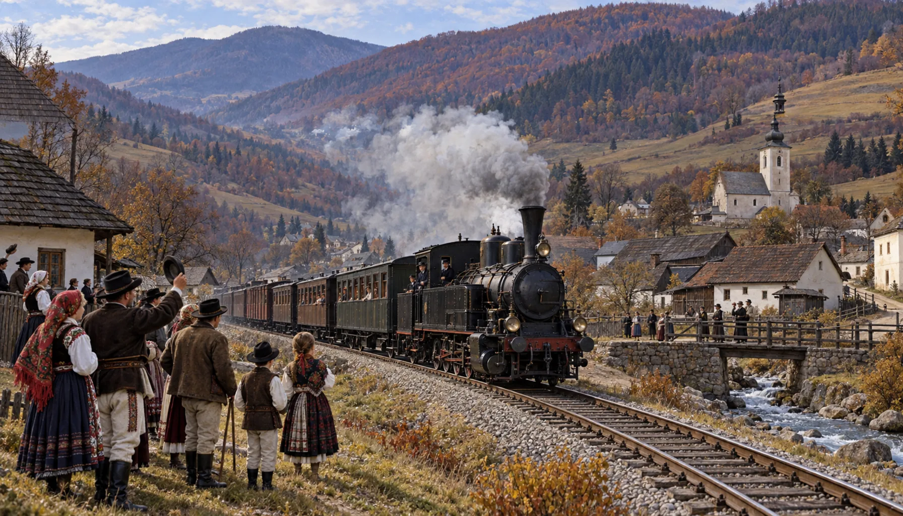 The railway comes up the valley