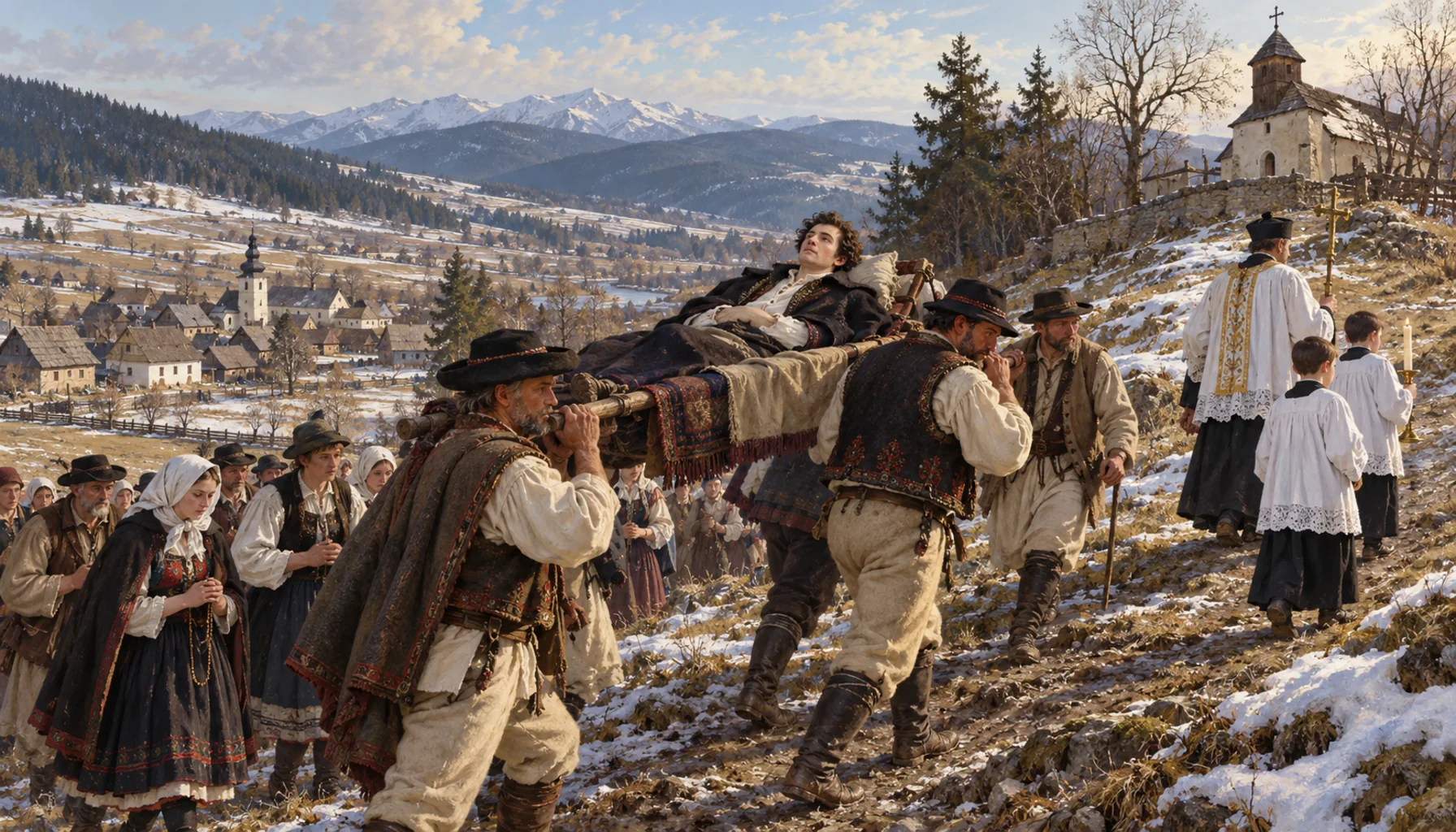 A poet is carried up the hill to be baptised