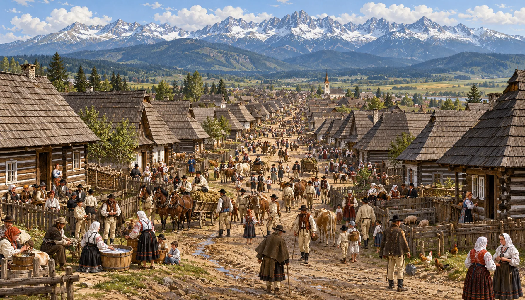 Two thousand people in a timber village