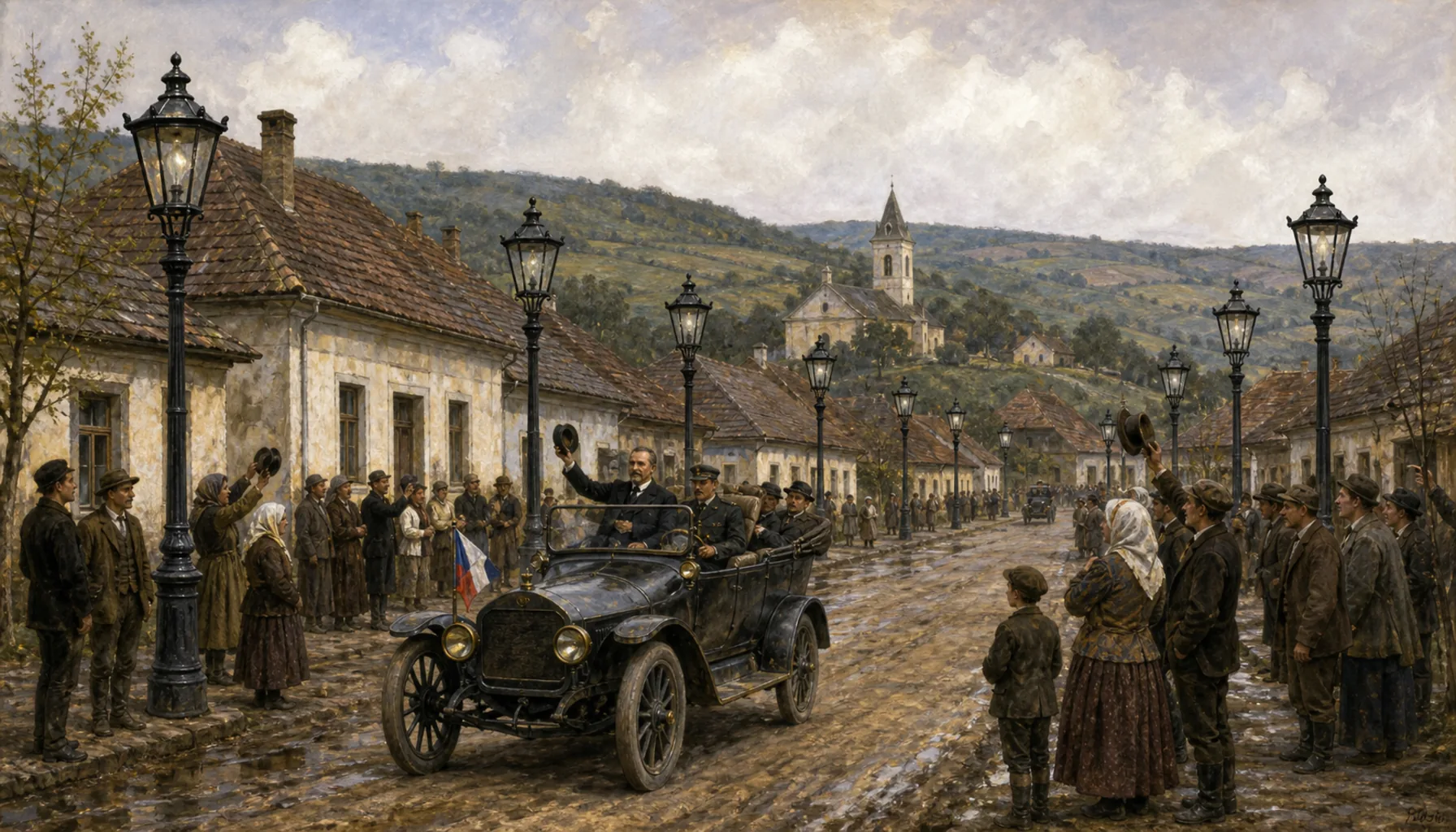 Nine street lamps and a president driving past