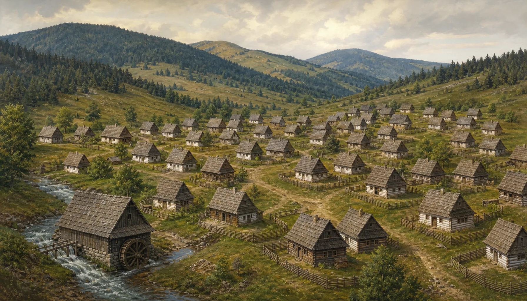 A mill and forty-three houses