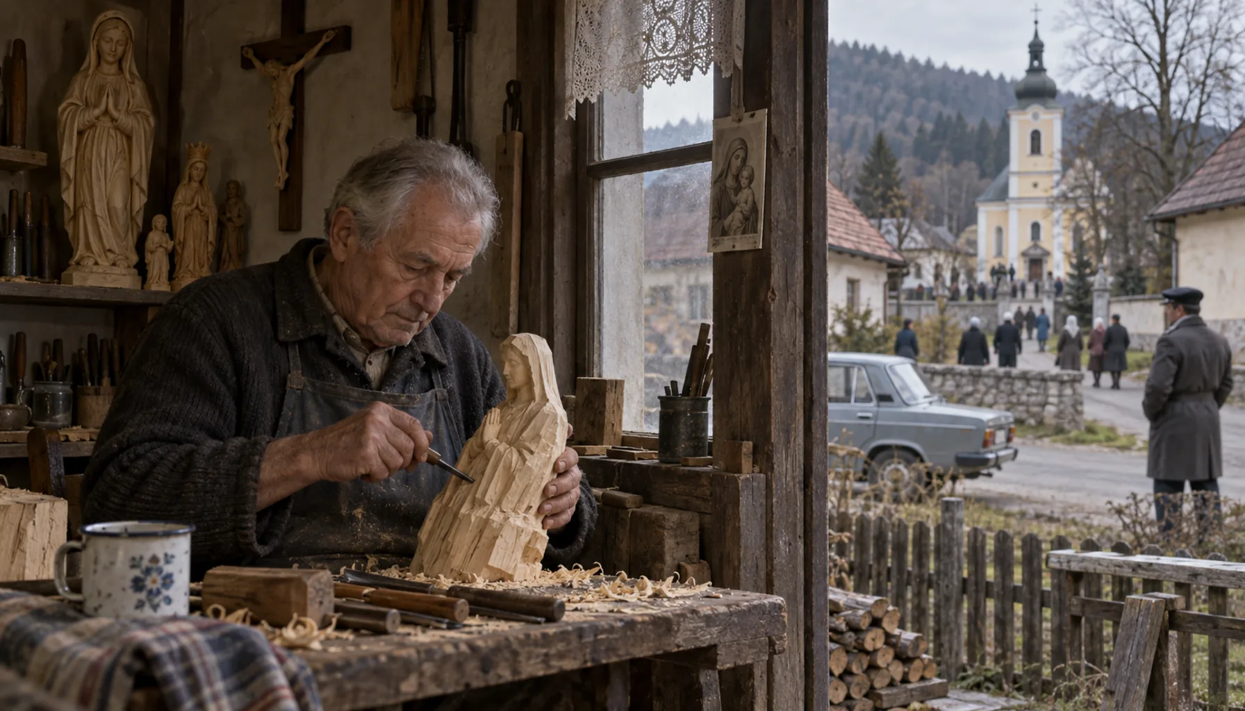 A retired wood-carver starts work