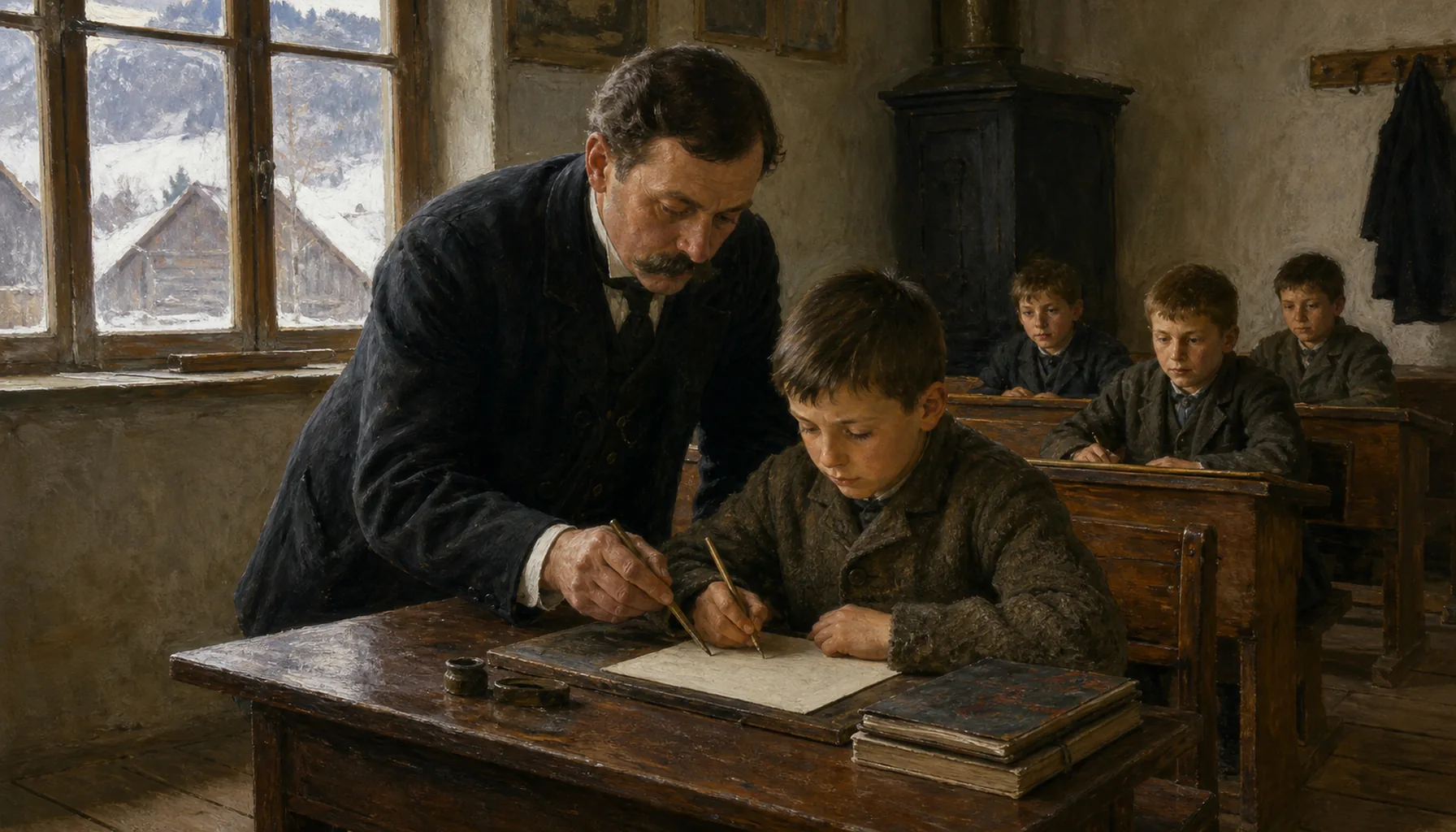 A boy taught to write in Hungarian