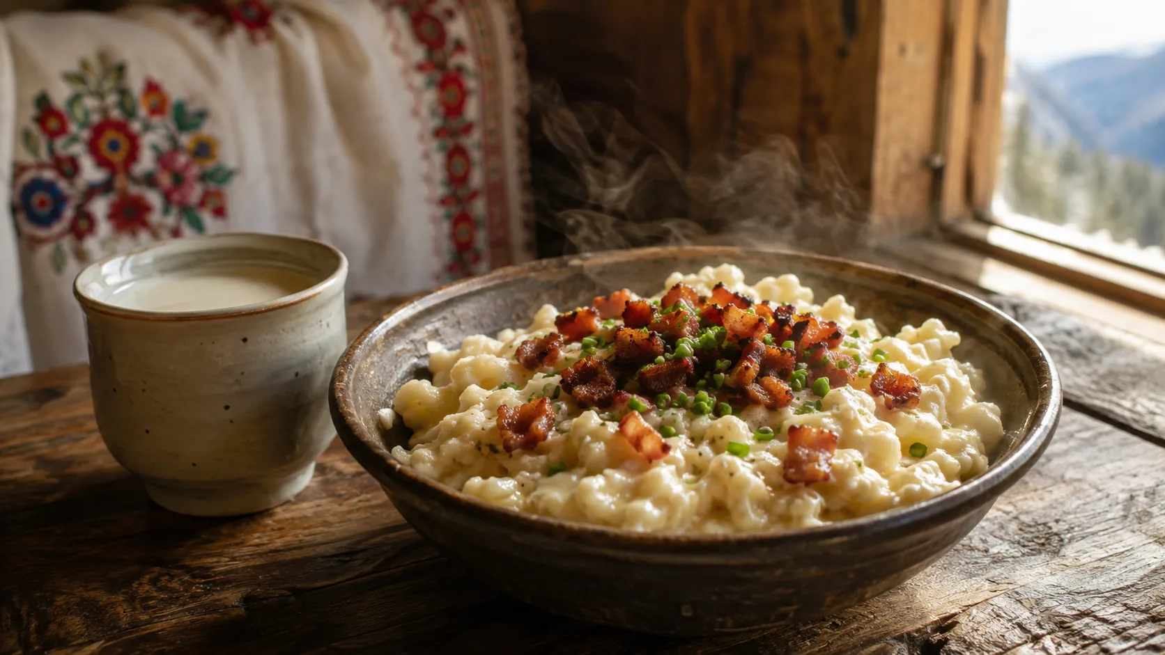 Bryndzové halušky on a mountain-hut table — Slovakia’s national dish