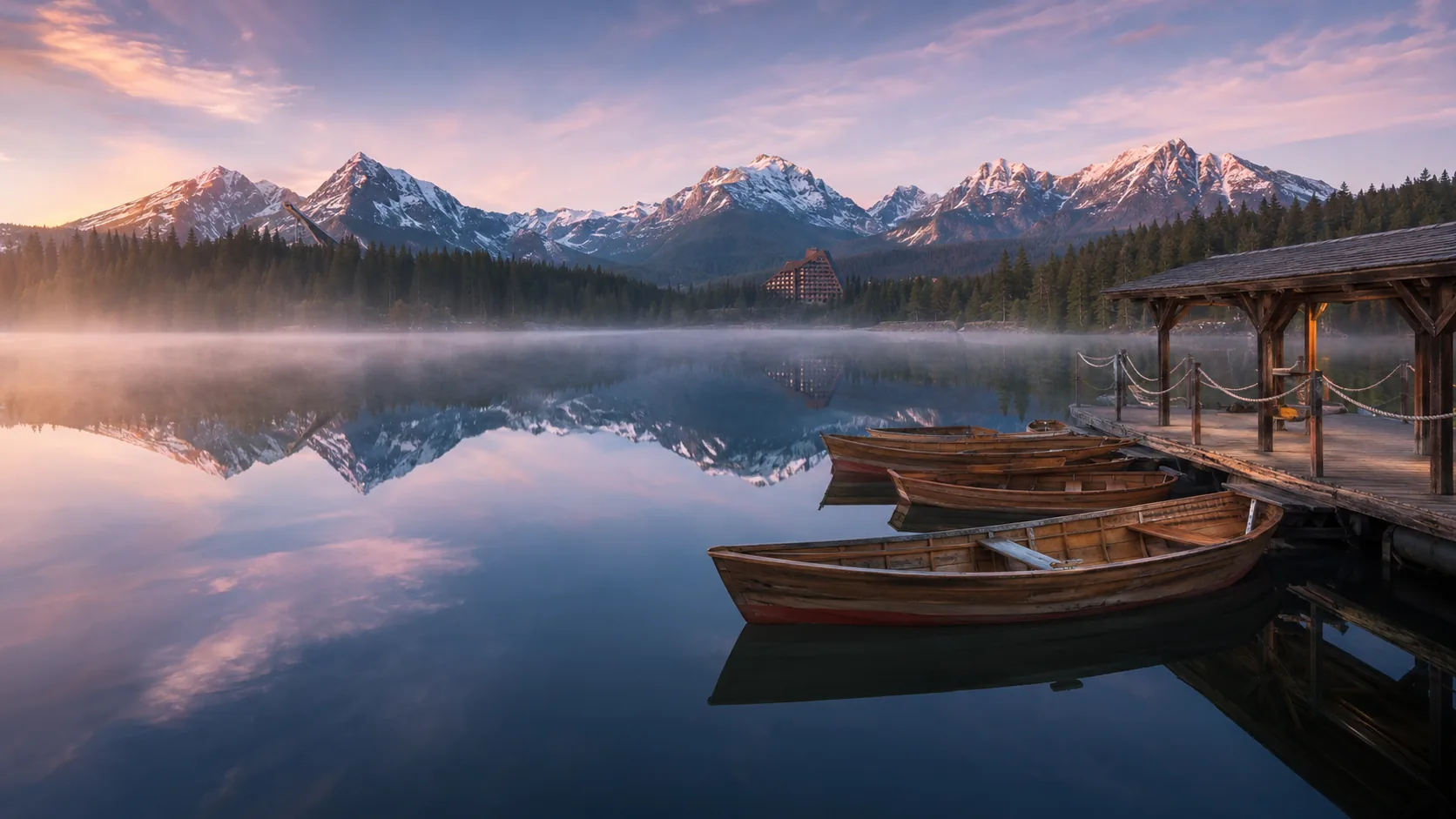 Morning calm at Štrbské Pleso, the ridgeline mirrored beside the rowboats