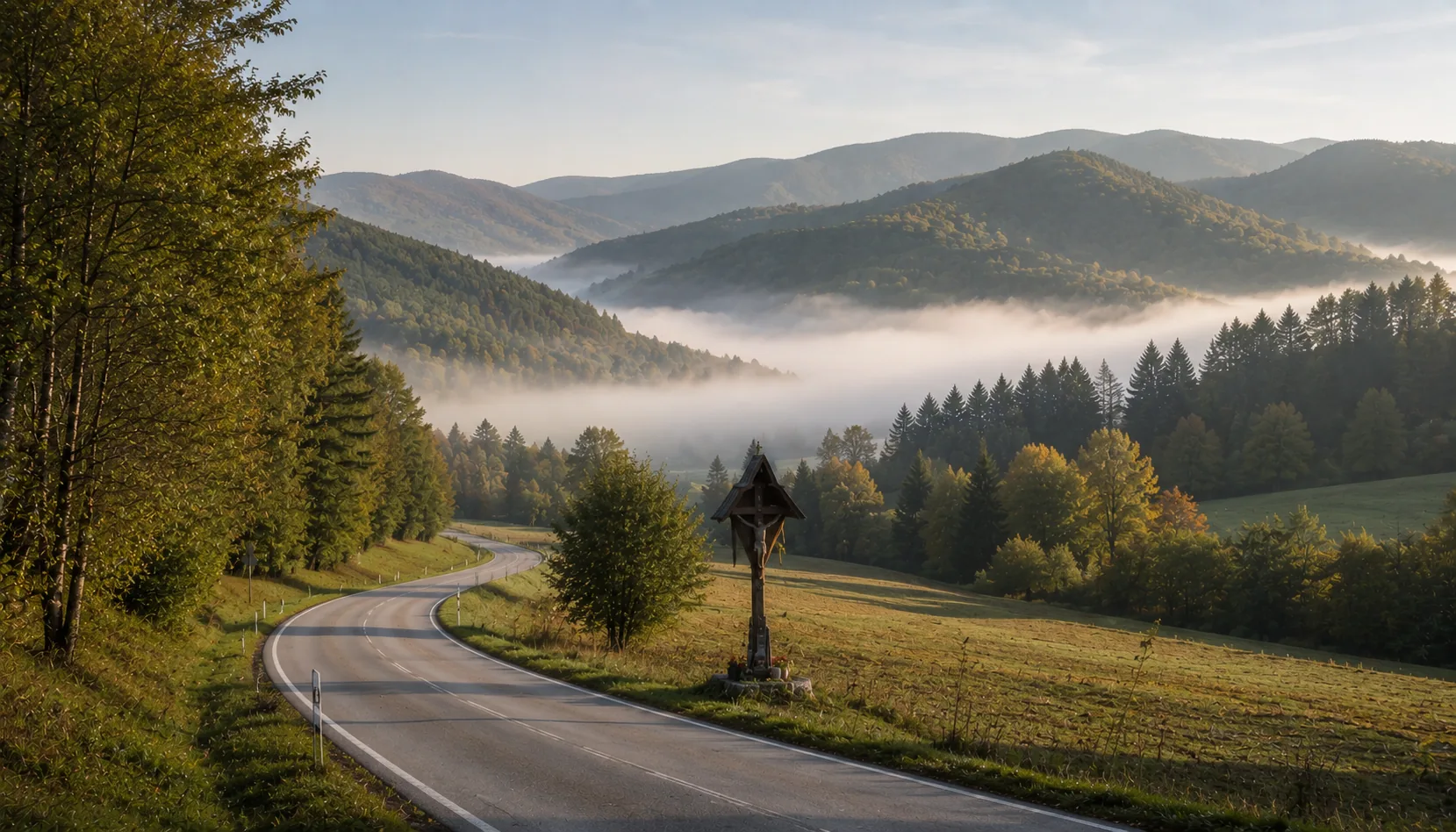 An empty road winding between wooded hills in central Slovakia