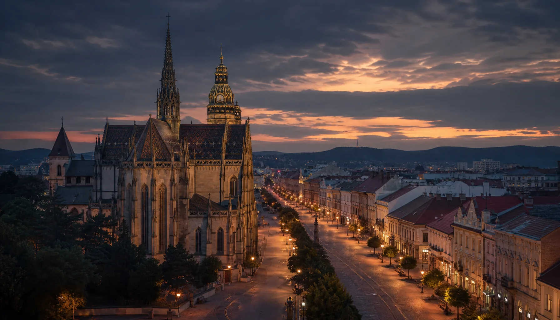 Košice cathedral at dusk — page background