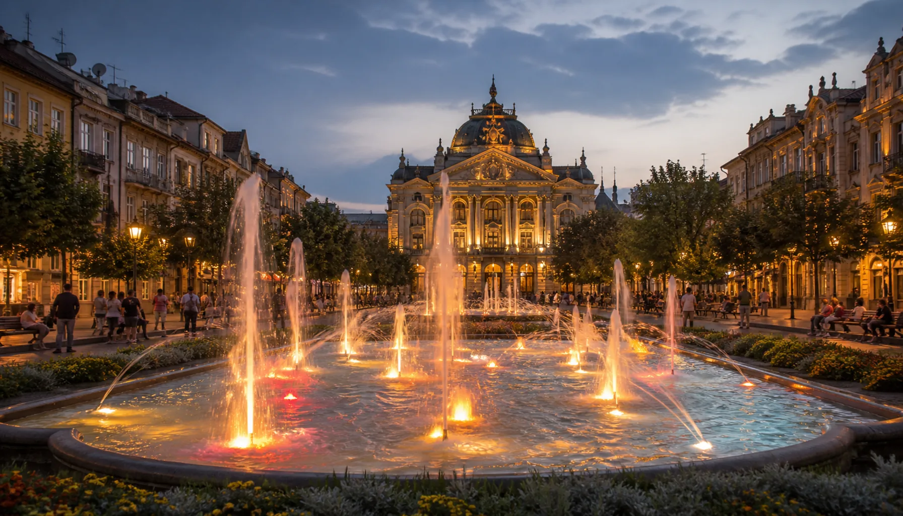 The singing fountain in its park strip on Hlavná, the State Theatre behind