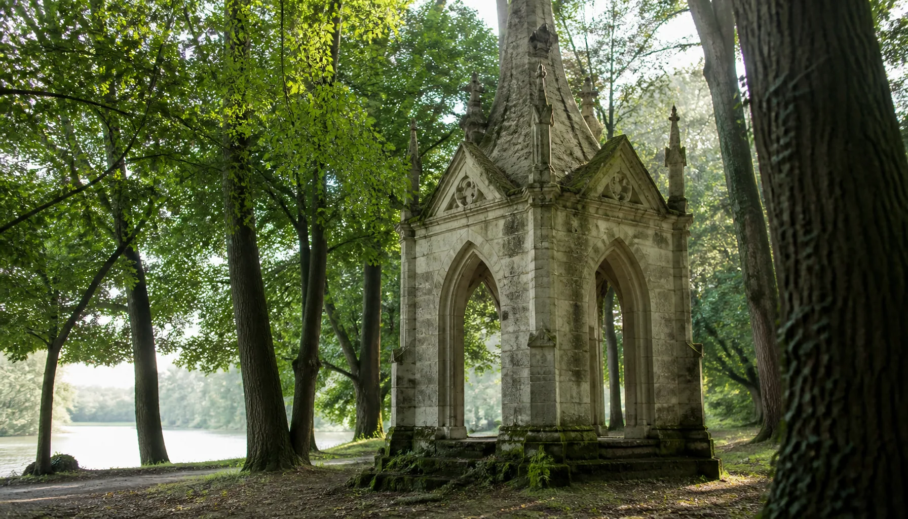 The small neo-Gothic stone pavilion standing among the park's old trees