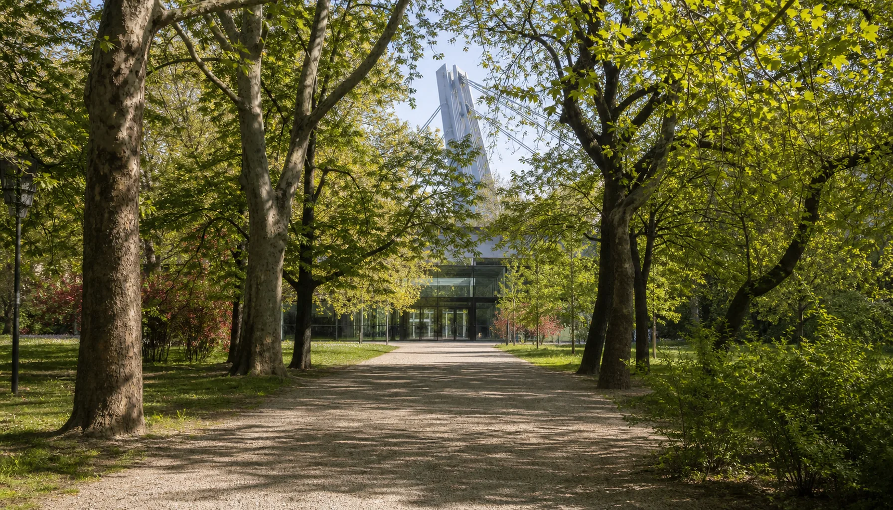 The walk into Aupark Bratislava through Sad Janka Kráľa, at the southern foot of the cable-stayed bridge