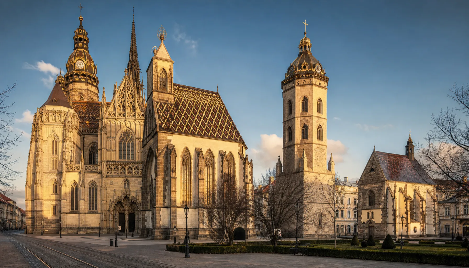 St Elisabeth's Cathedral with the Urban Tower and St Michael's Chapel, in the widest part of the street