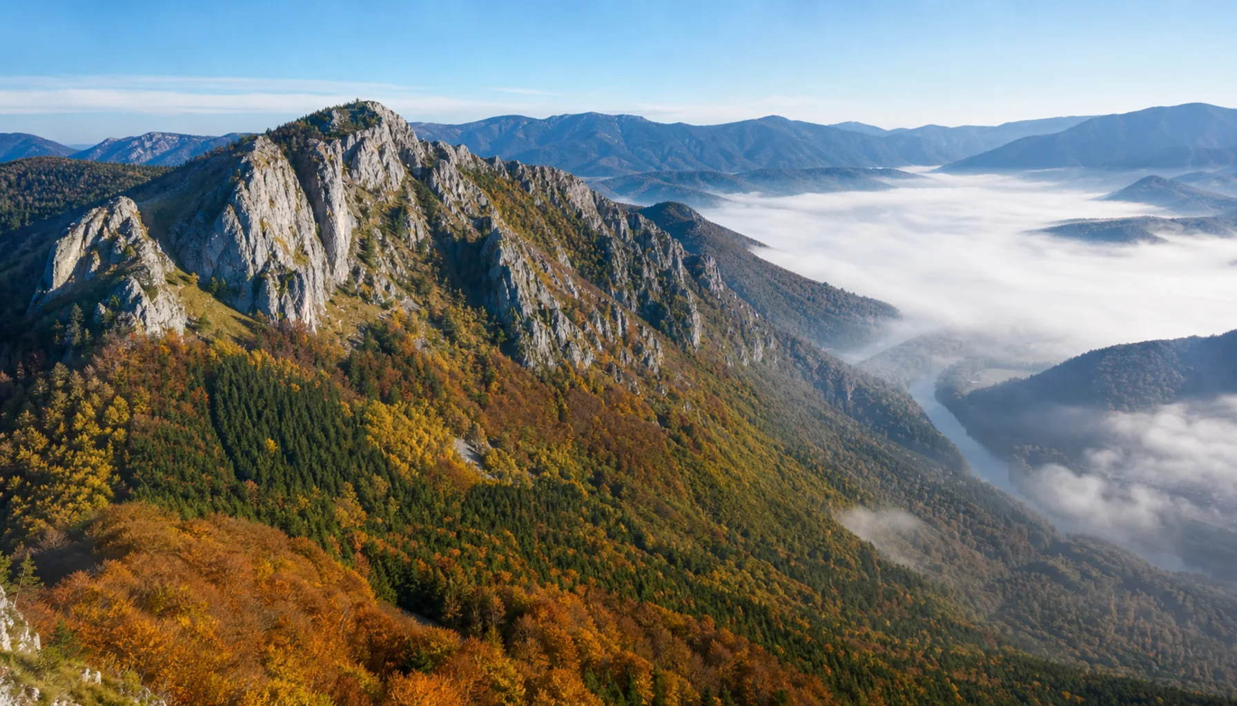 The limestone crests of the Malá Fatra east of Žilina, where the Váh cuts its gorge past two castles