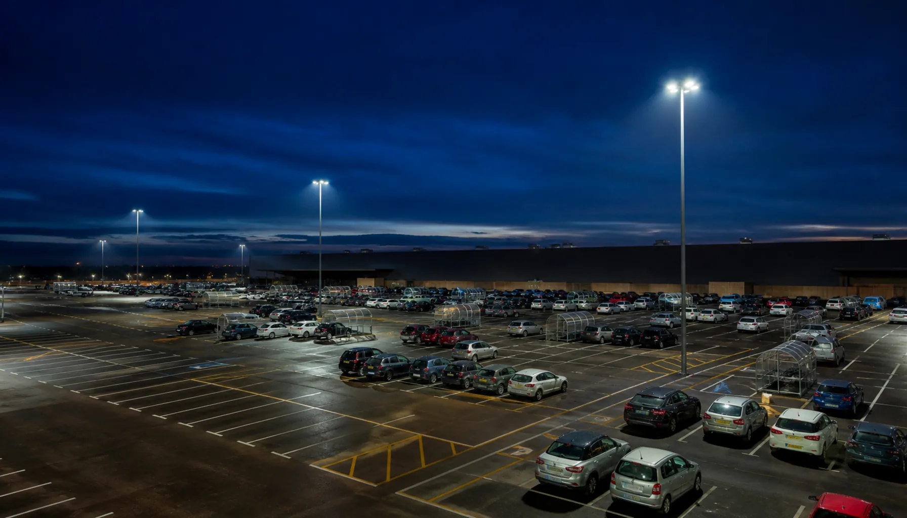 The surface car park at dusk — lighting masts, painted bays and the low horizon of the eastern suburbs