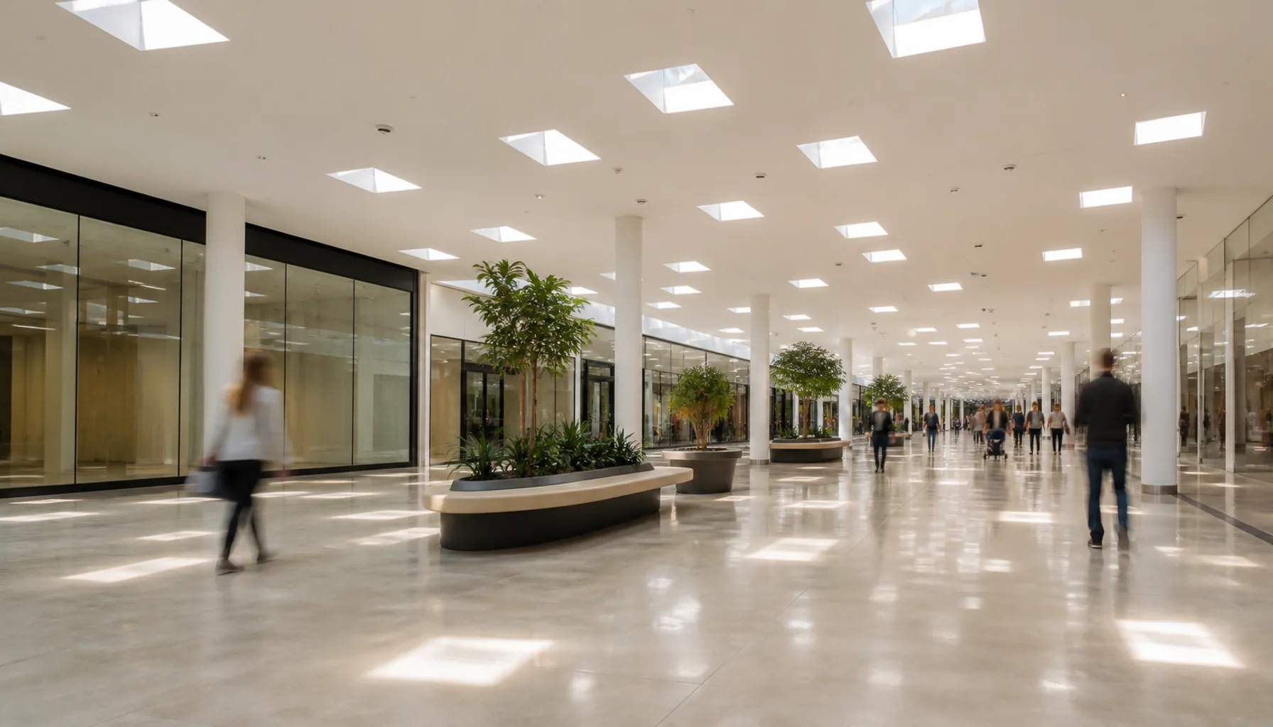 The wide interior concourse under a ceiling scattered with small skylights, daylight falling in soft patches