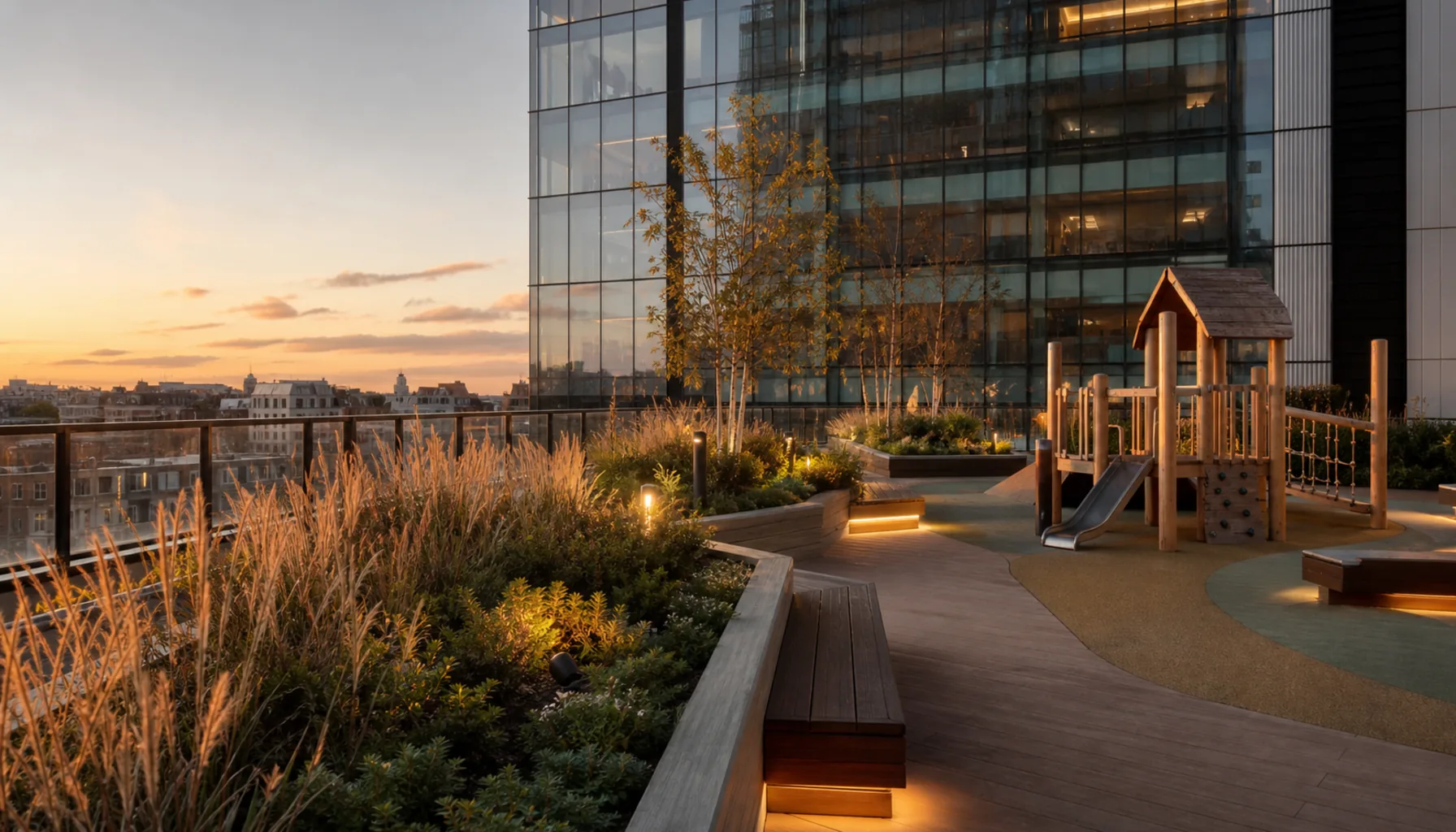 The public roof terrace above the retail podium — planting, benches and the tower standing over it