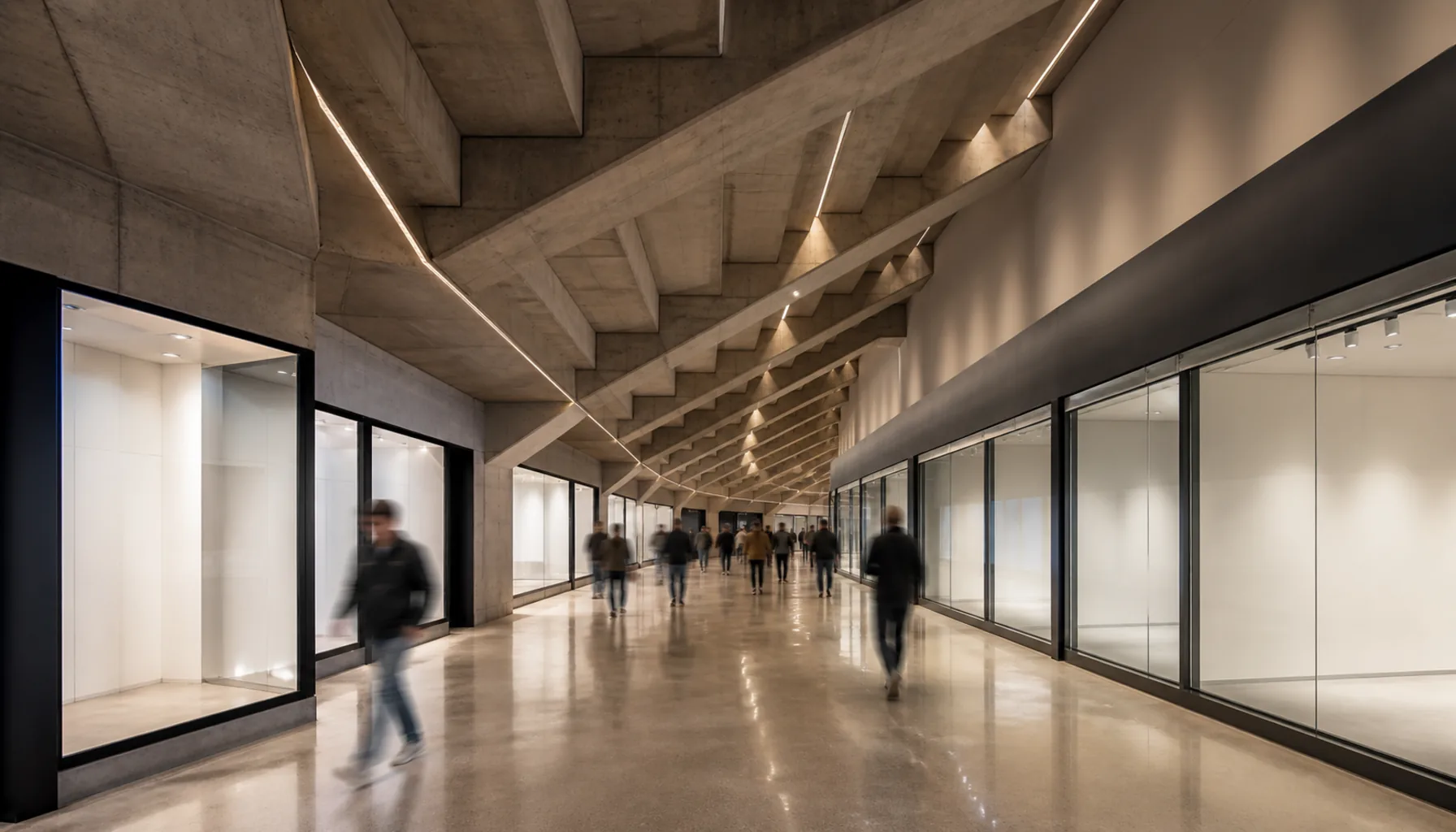 The shopping concourse inside the stand structure, its ceiling following the slope of the seating tiers above