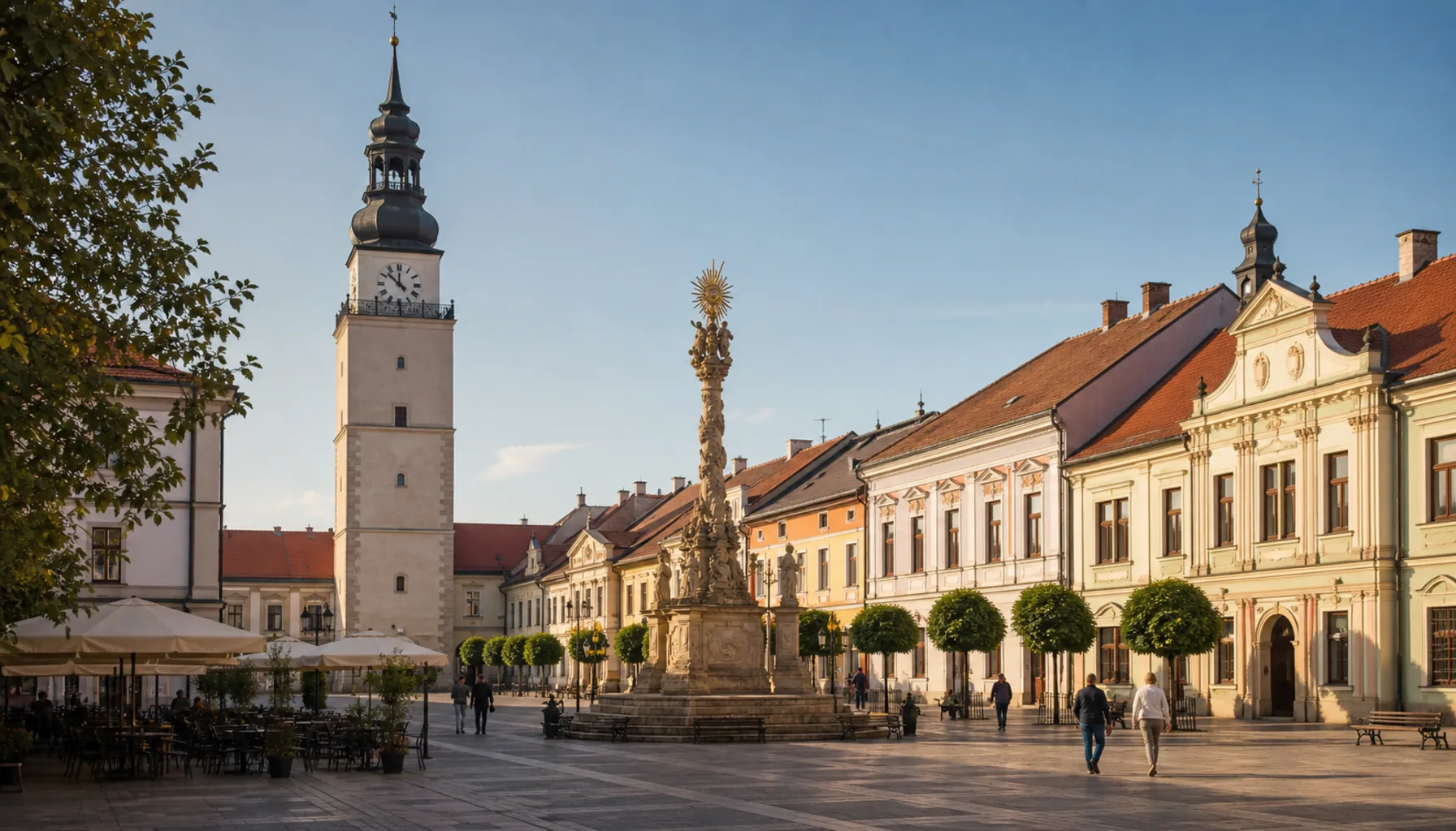 Trinity Square with the town tower rising above the pastel façades, a few minutes' walk from the arena