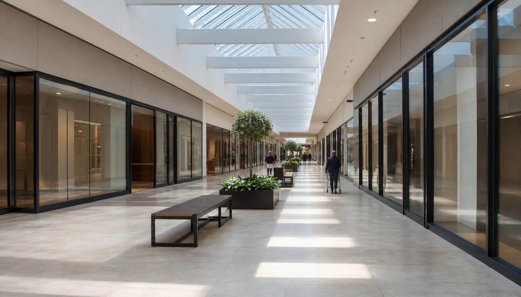 The straight internal mall on one level, daylight from rooflights running the length of the ceiling