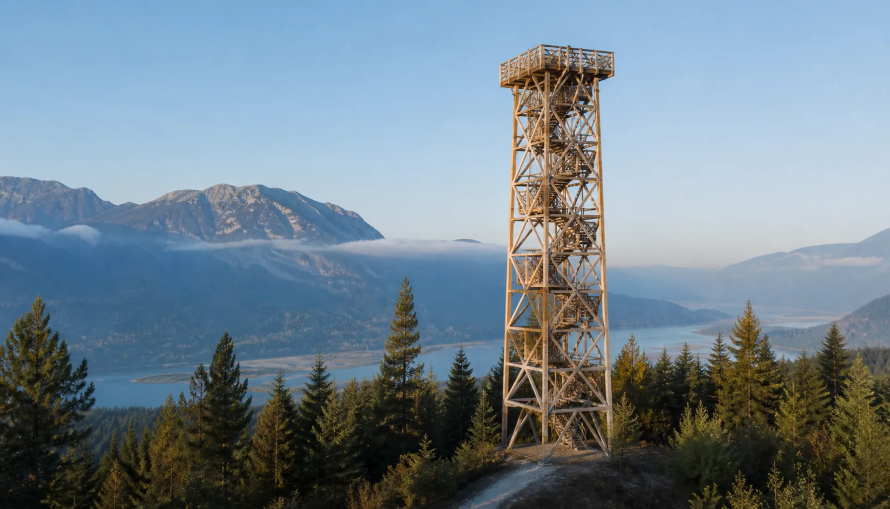The tall timber lookout tower on the crest of the ridge, above the treetops and open to the whole basin