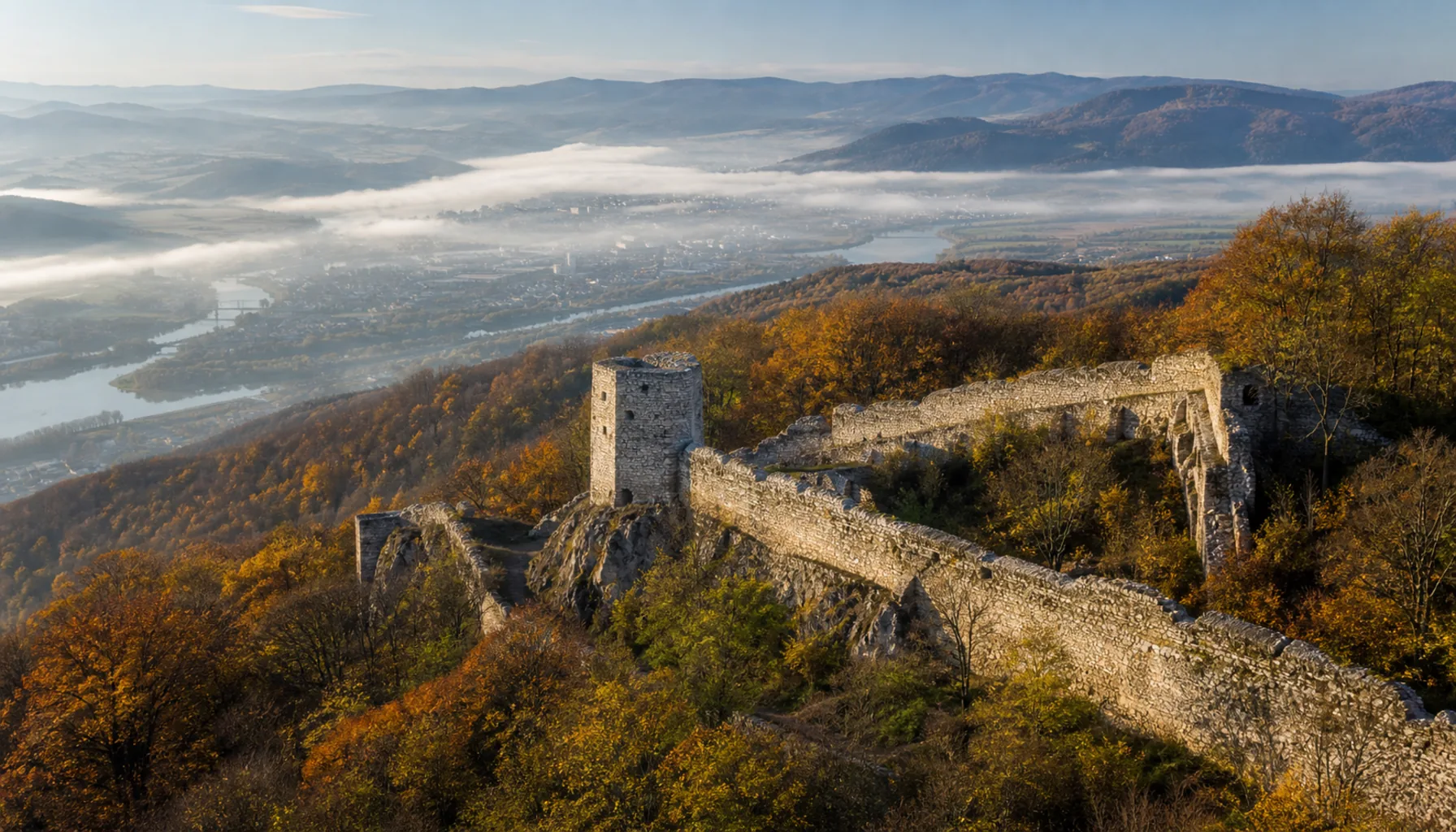 The ruined walls of Pustý hrad on the wooded ridge above the town, spread far along the spur