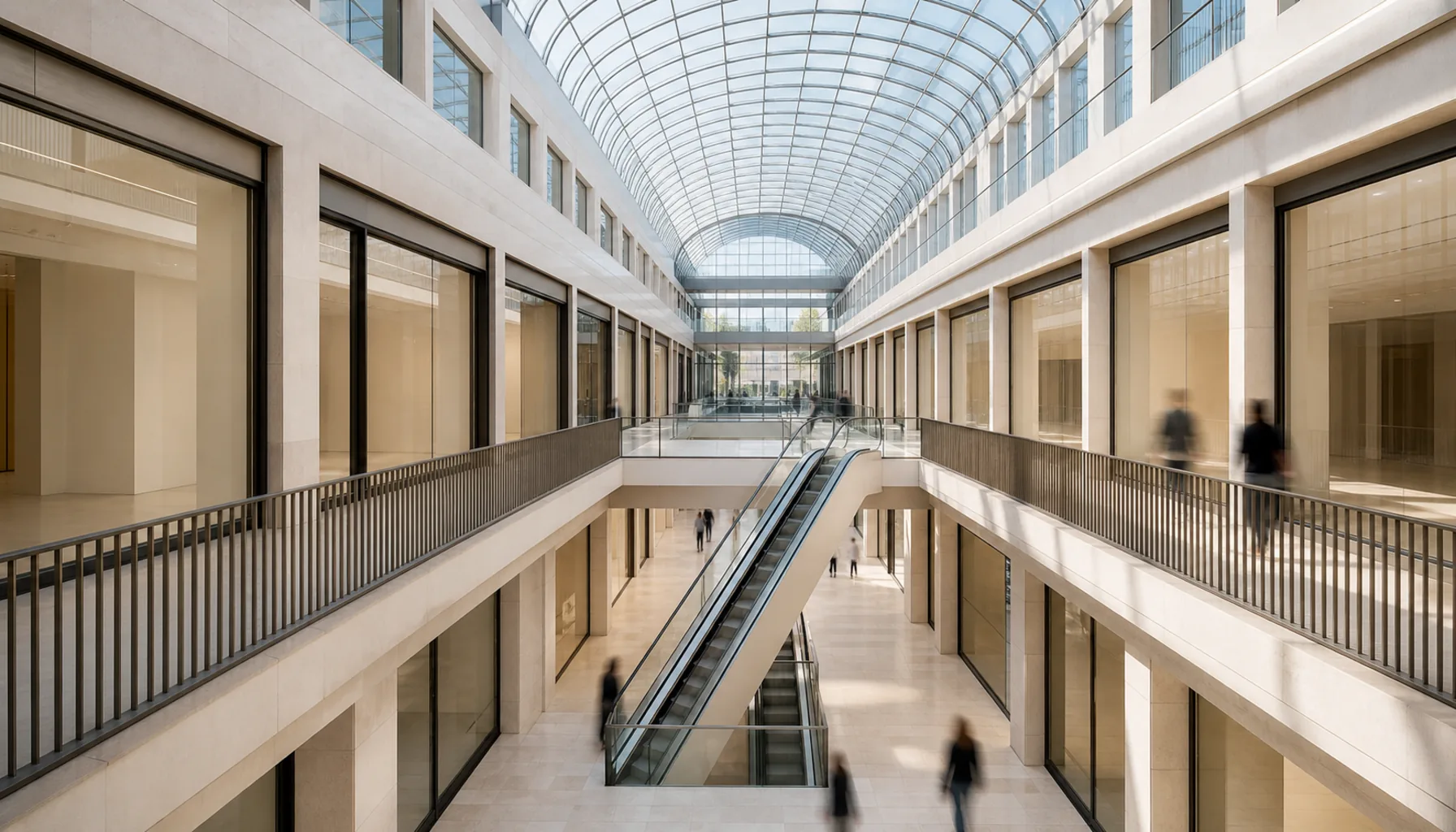 The interior arcade — a covered street on two levels, lit from a glazed roof above