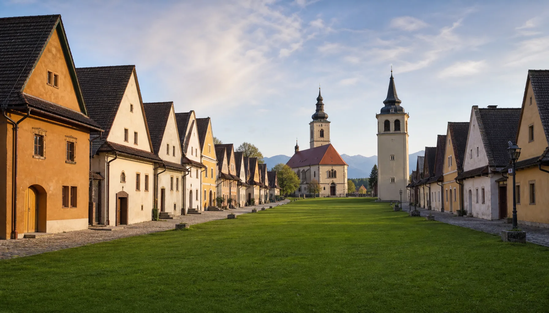 The medieval square of Spišská Sobota, now a borough of Poprad — gabled burgher houses and a separate bell tower