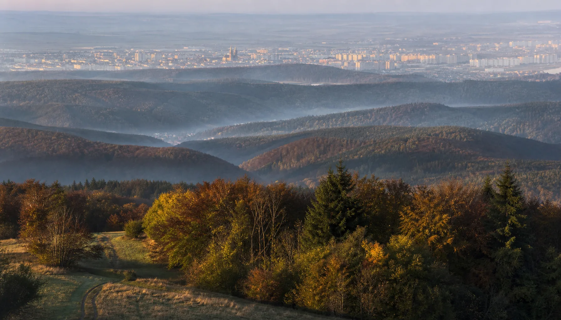 The wooded hills of the Košice city forest above the plateau, with the districts of the city spread out below