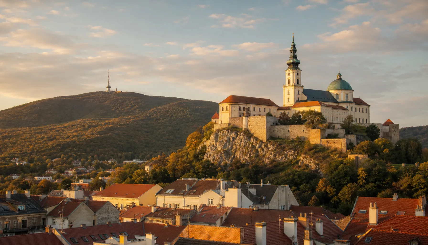 The castle rock and cathedral tower rising over the roofs of the lower town, seen from the streets near the centre