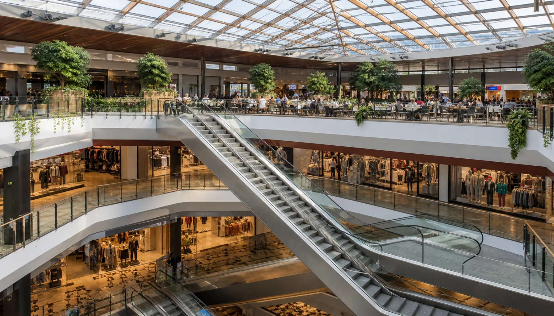 The multi-level atrium of Galéria Mlyny in Nitra, with shop galleries stacked above the escalators