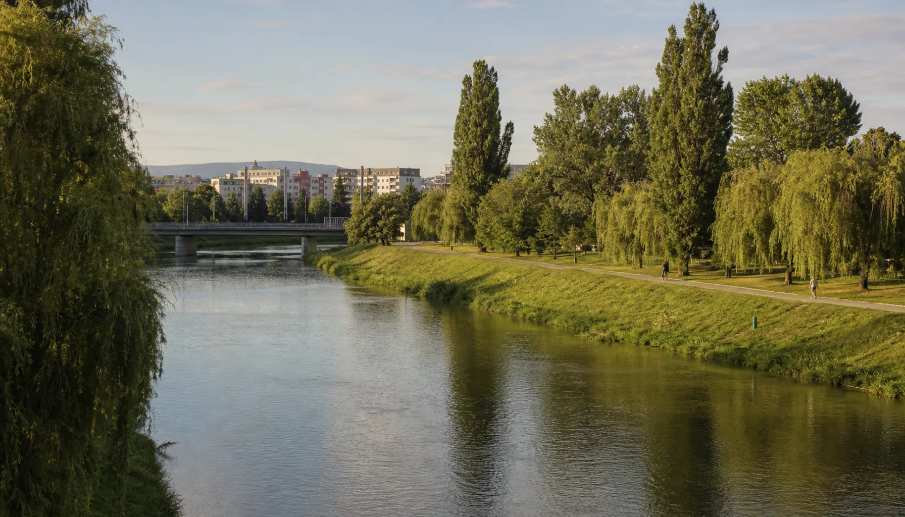 The Nitra river below the centre — the water that first brought milling to this exact stretch of the city