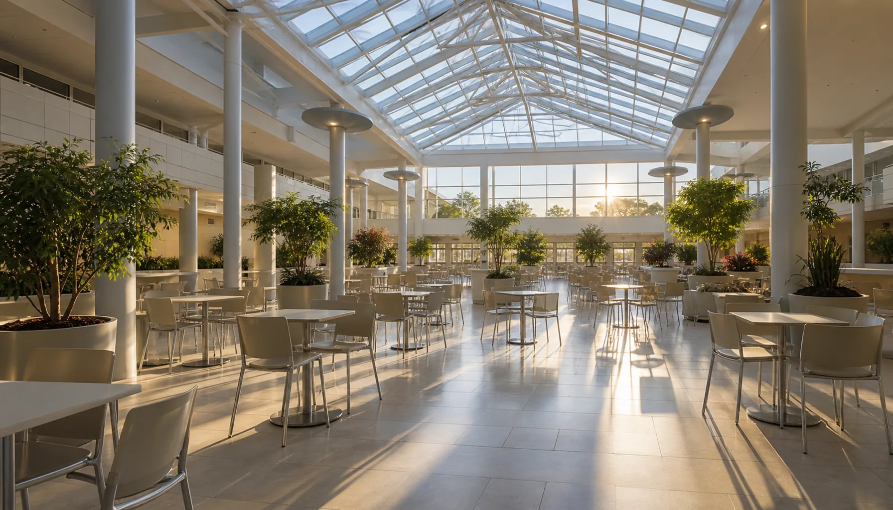 The eating area under glazing, tables and chairs empty in the early morning before opening