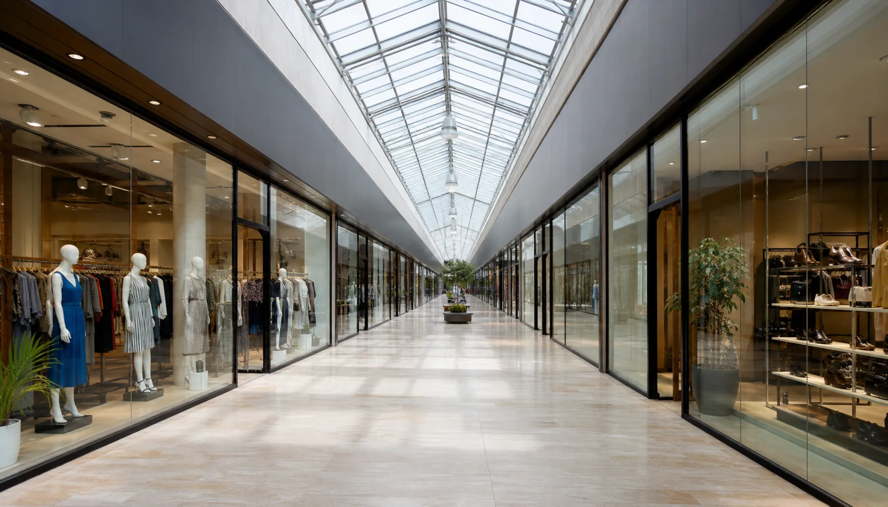 The long single-level covered street inside Laugaricio, with shopfronts along both sides
