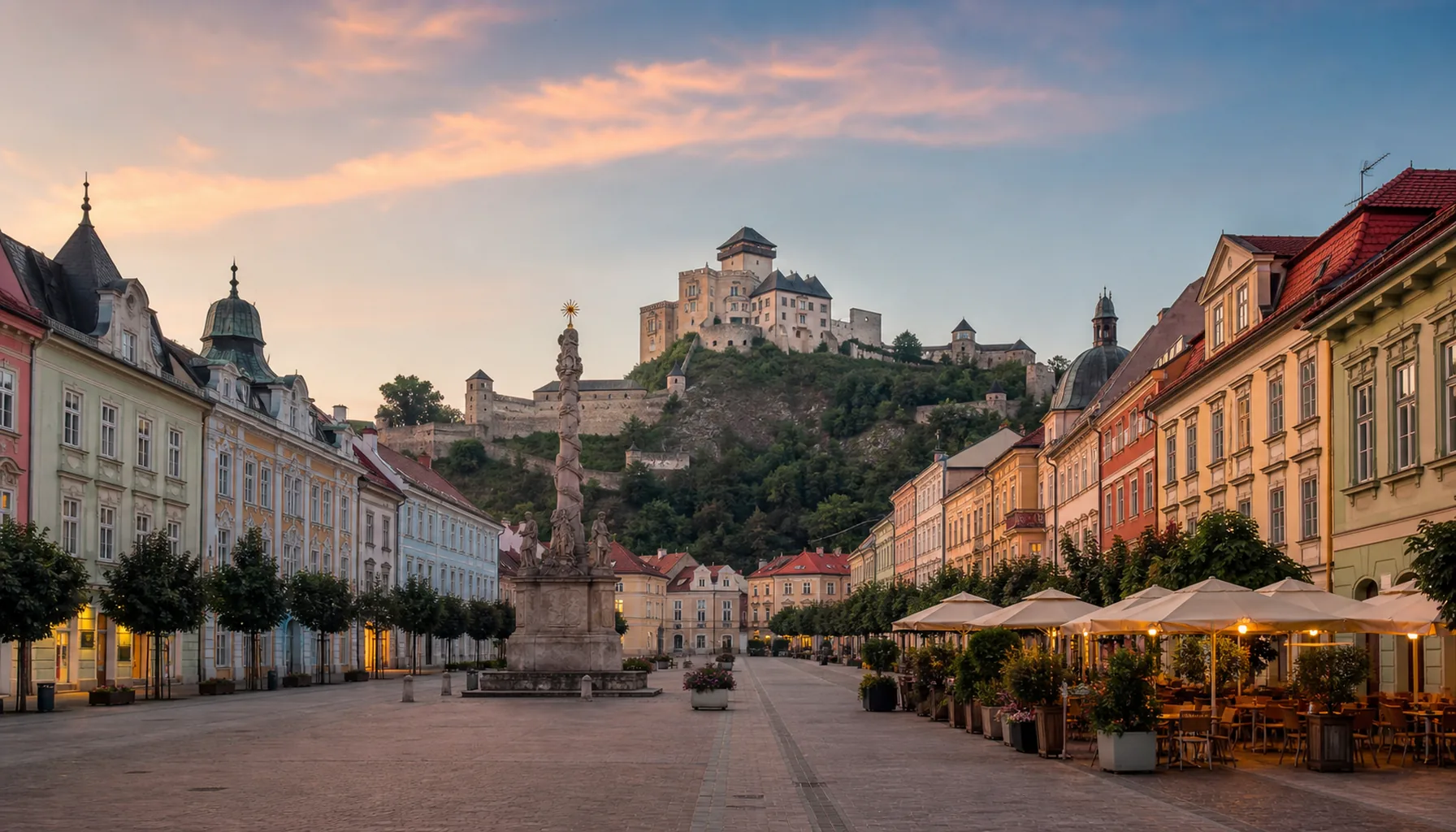 Mierové námestie in the old town — pastel burgher fronts, café terraces and the castle standing over the roofs