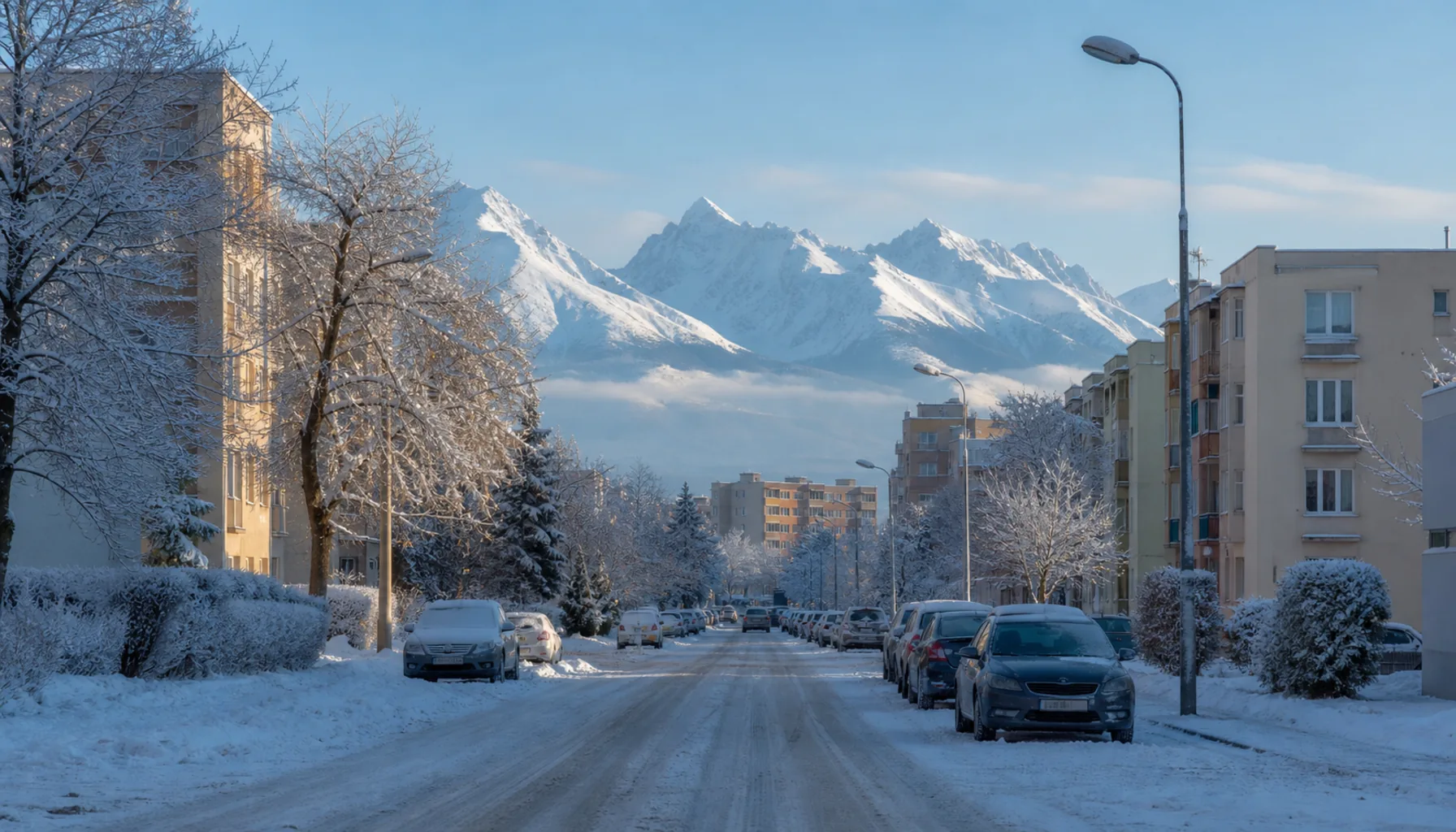 A snowy street in Poprad on a January afternoon, the peaks closing the end of the road
