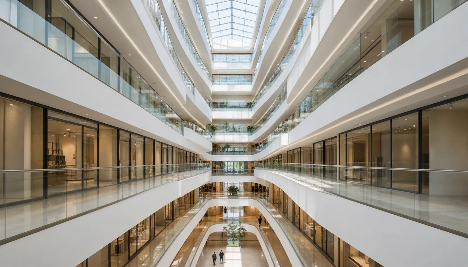 The stacked atrium: balconies rising level on level to the glazed roof, daylight falling to the bottom floor