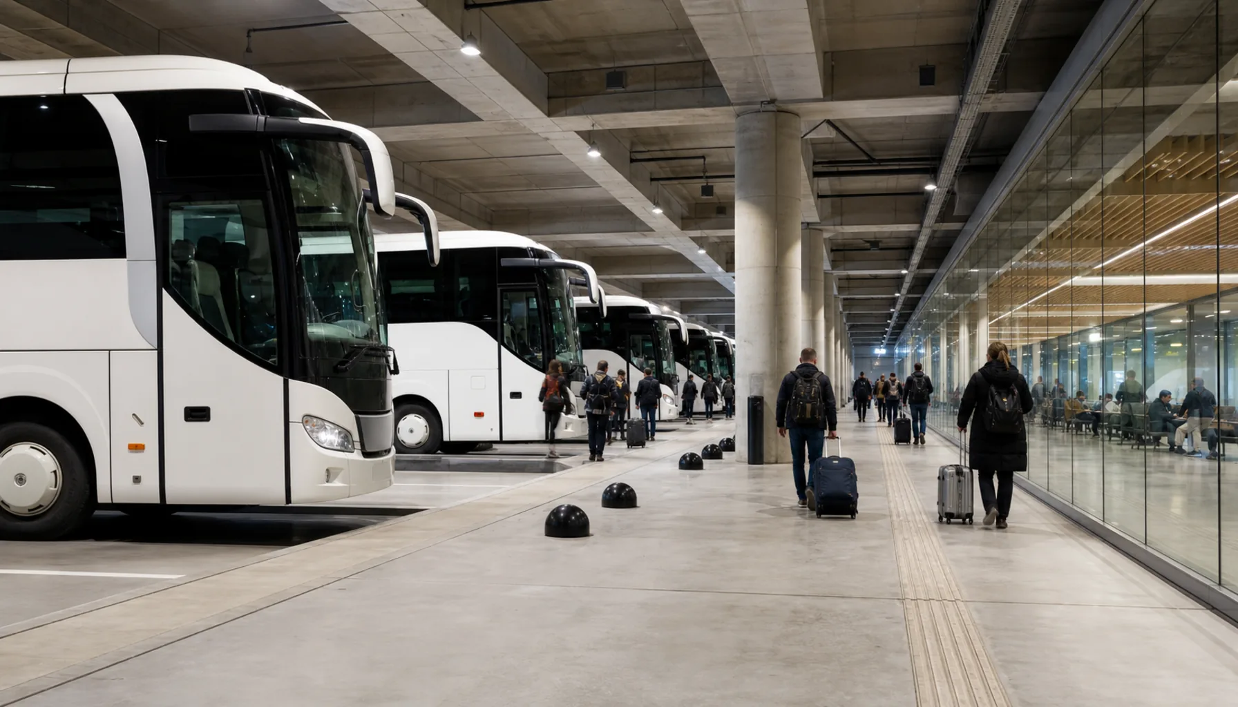 The covered coach terminal inside the building — long-distance buses loading beneath the shops