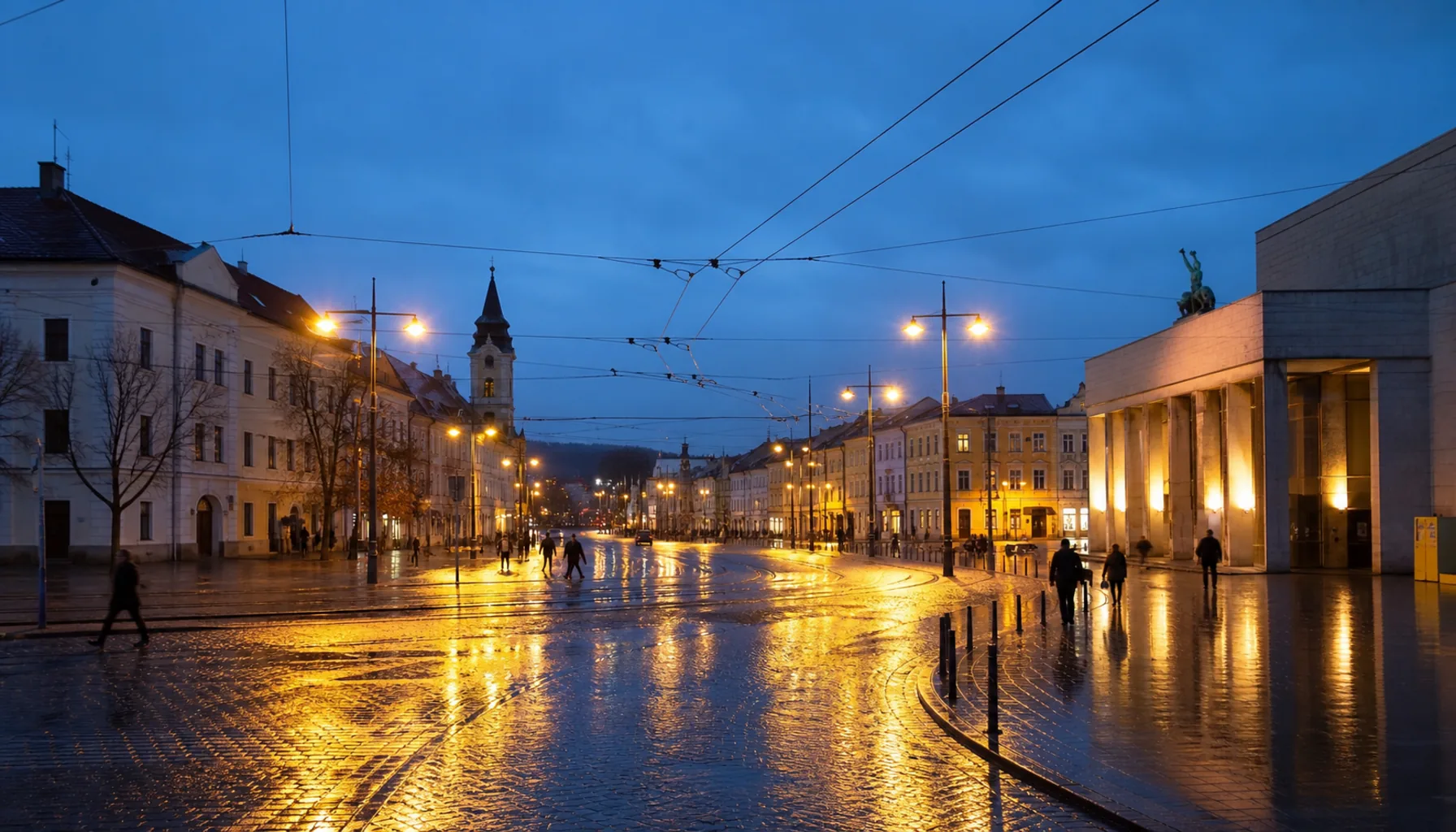 Námestie legionárov at dusk — the junction where the old town's long axis opens out at its northern end