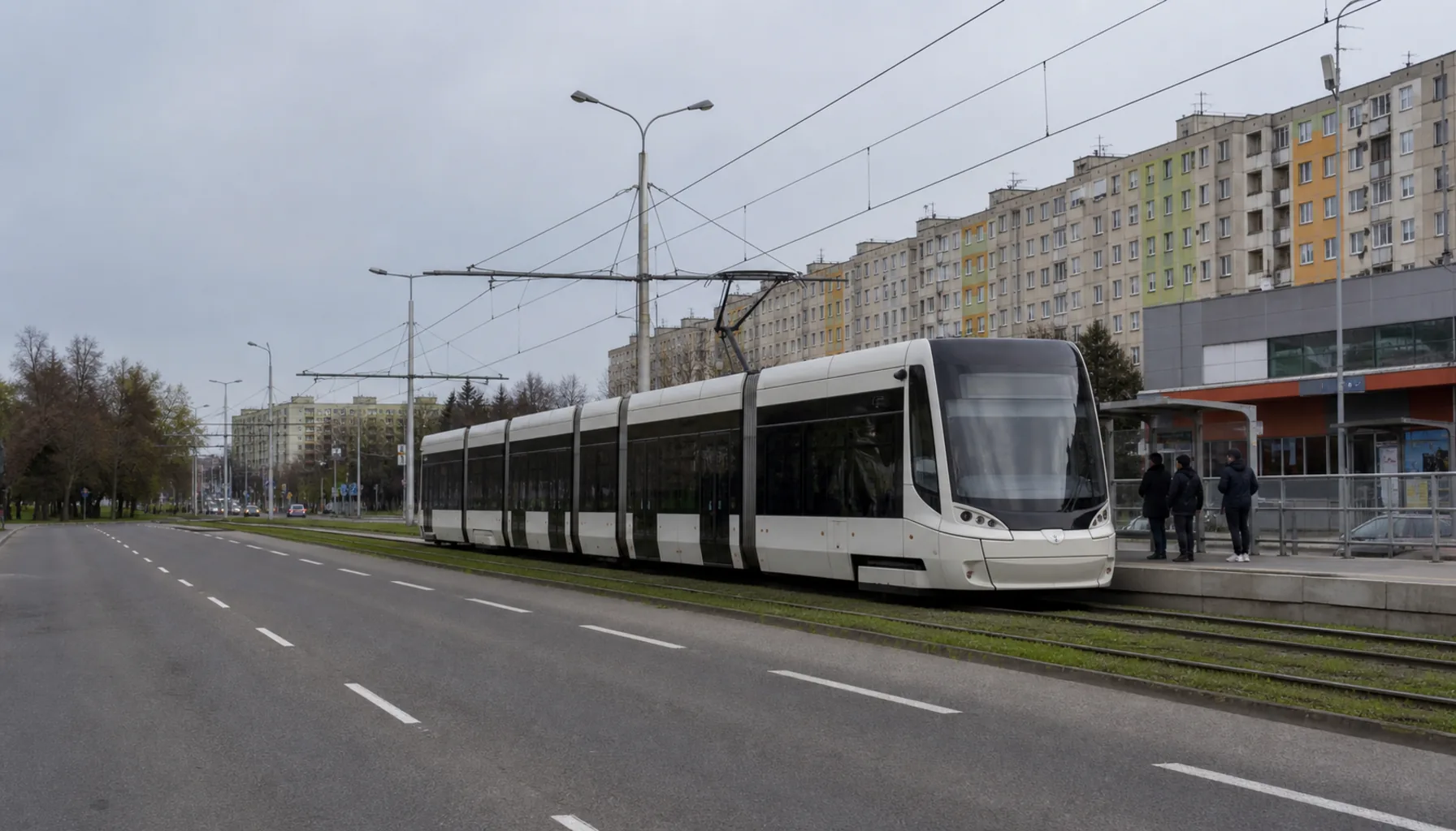 A tram on the fast line along Moldavská cesta, the route that carries the steelworks shifts past the centre